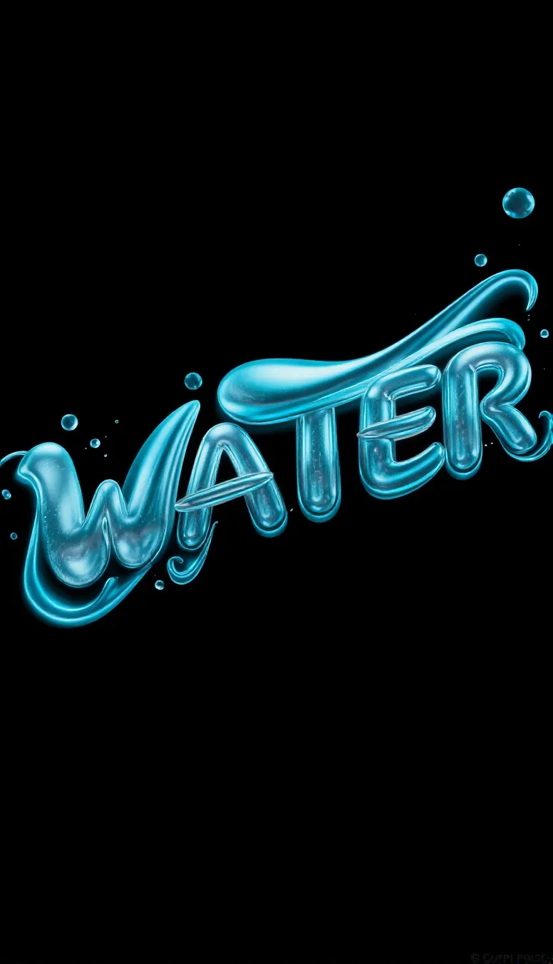 A 3D rendering of the name "WATER" in a hypnotic liquid-style font. The letters drip and flow like water, with a mesmerizing shimmer that transitions through various shades of blue and green dark. There are water droplets of varying sizes around the logo. The background is dark. The overall design is vibrant and eye-catching.