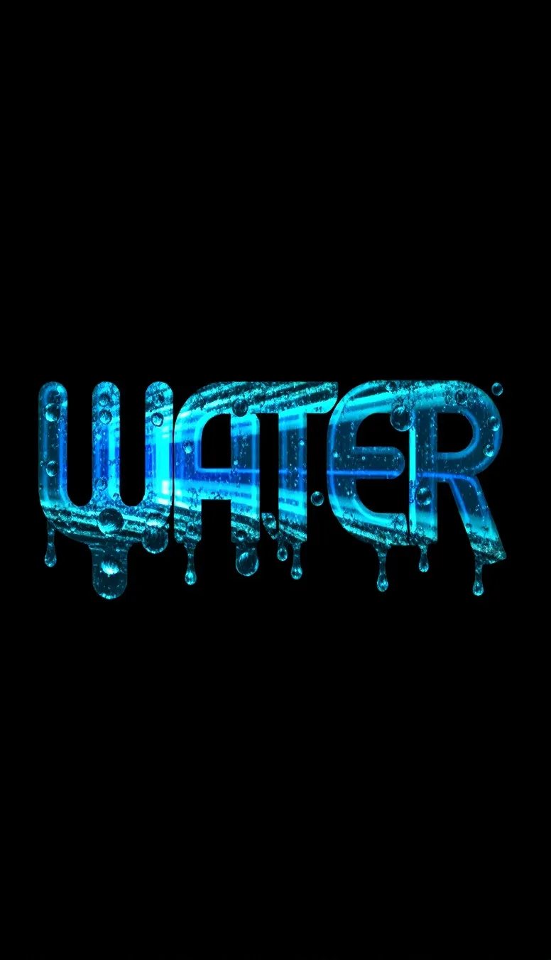 A 3D rendering of the name "WATER" in a hypnotic liquid-style font. The letters drip and flow like water, with a mesmerizing shimmer that transitions through various shades of blue and green dark. There are water droplets of varying sizes around the logo. The background is dark. The overall design is vibrant and eye-catching.