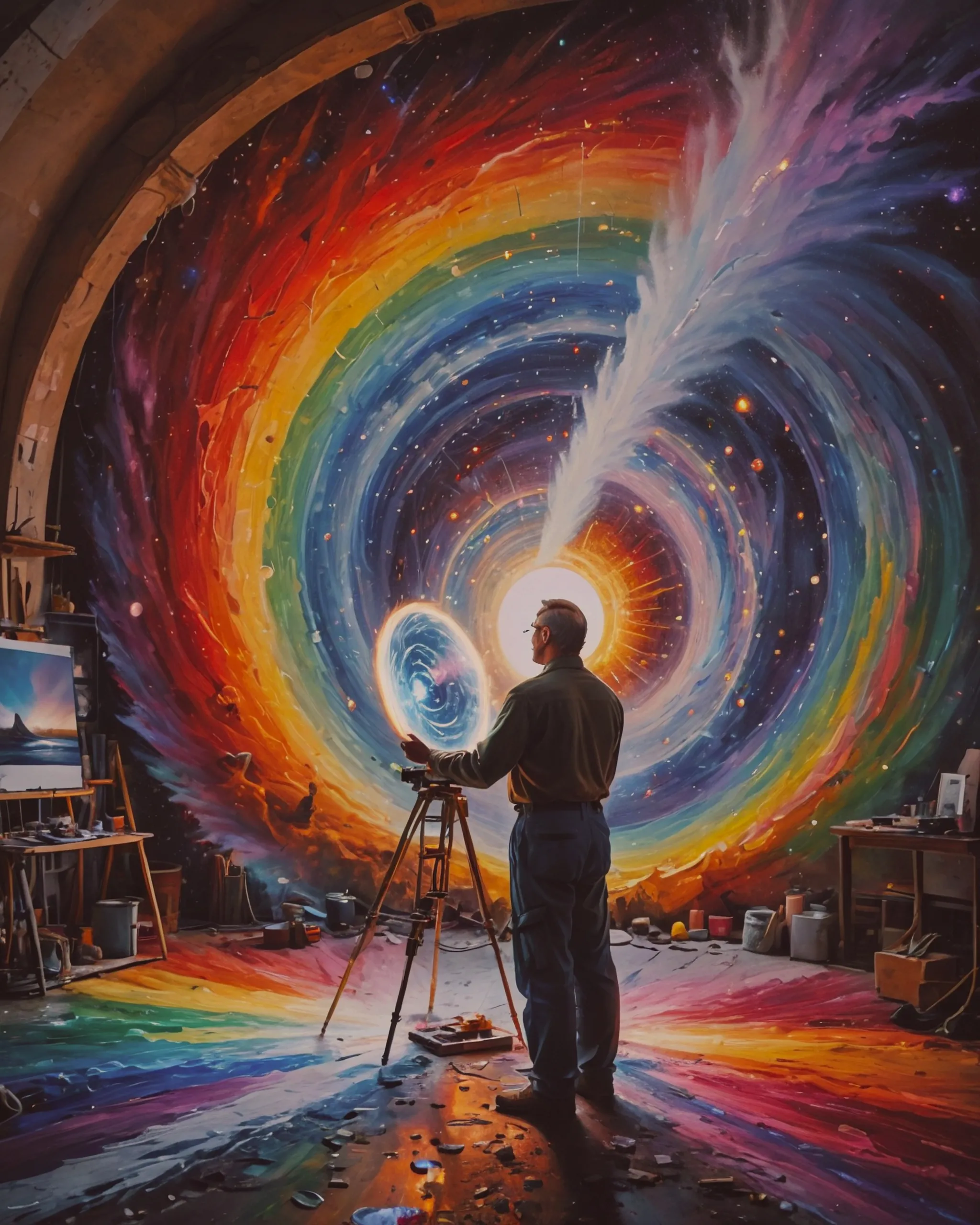 Painter in his studio and a huge rainbow vortex opens up to a guardian stargate. 