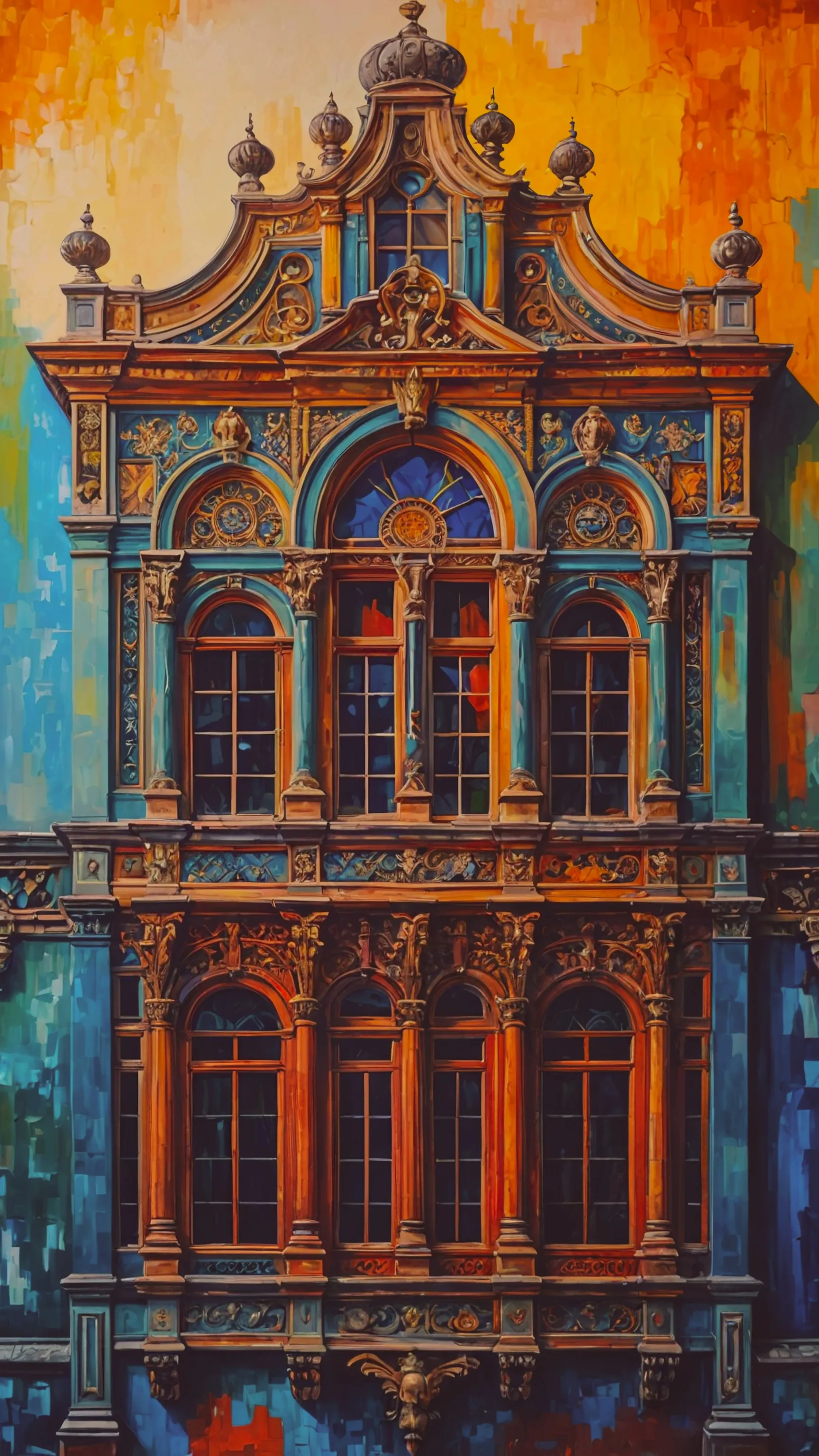 The wall of an ornate building with unmatched windows, draw me a colorful background. 