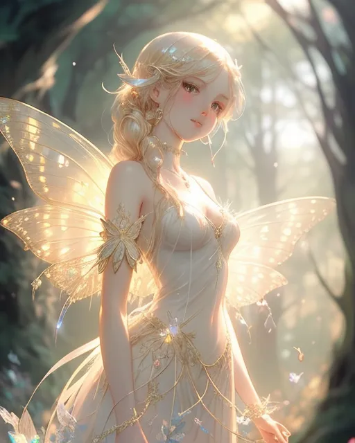 A beautiful blond girl who is a fairy in the forest