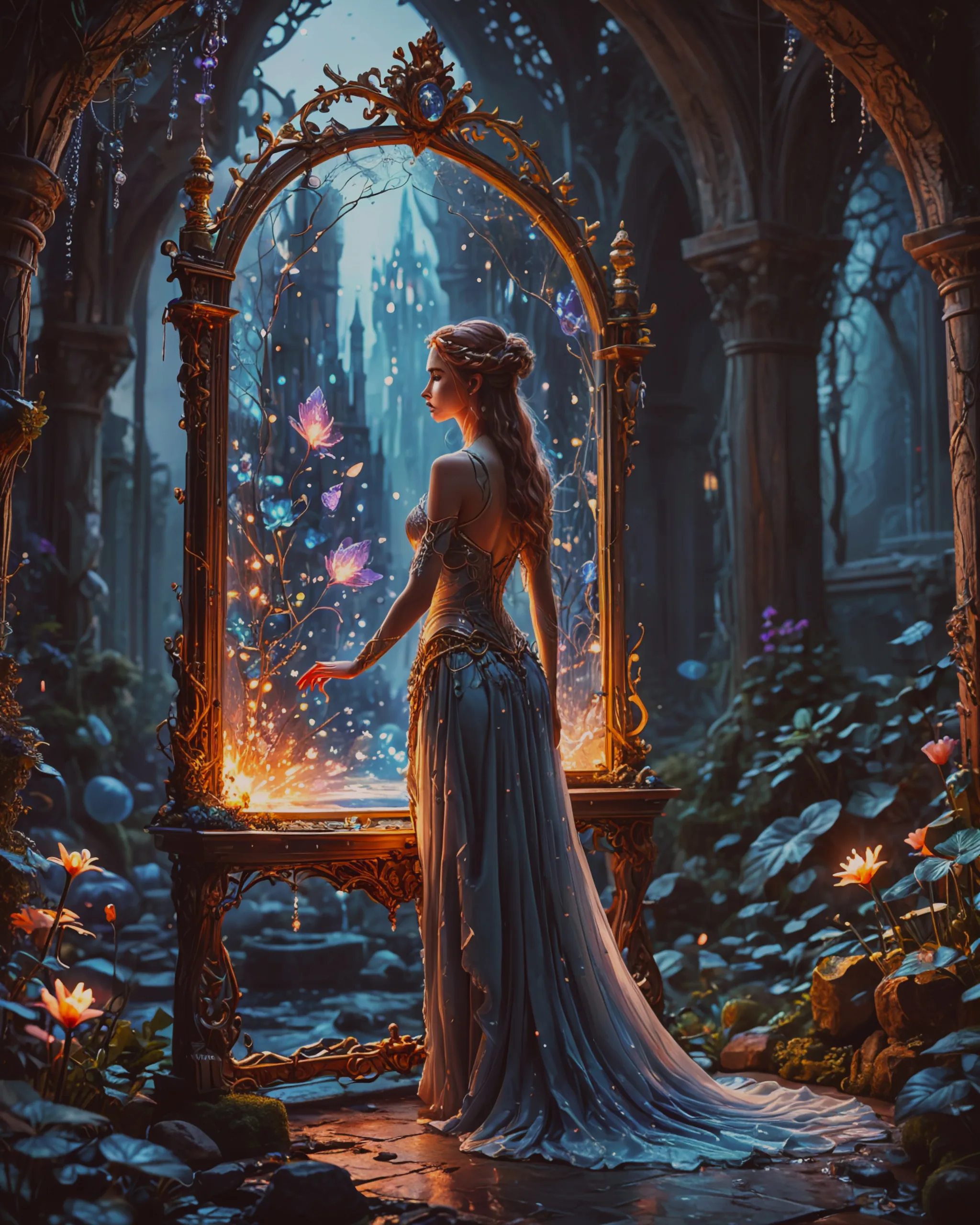 A beautiful elf queen looks into - Free AI Photo Generator - starryai