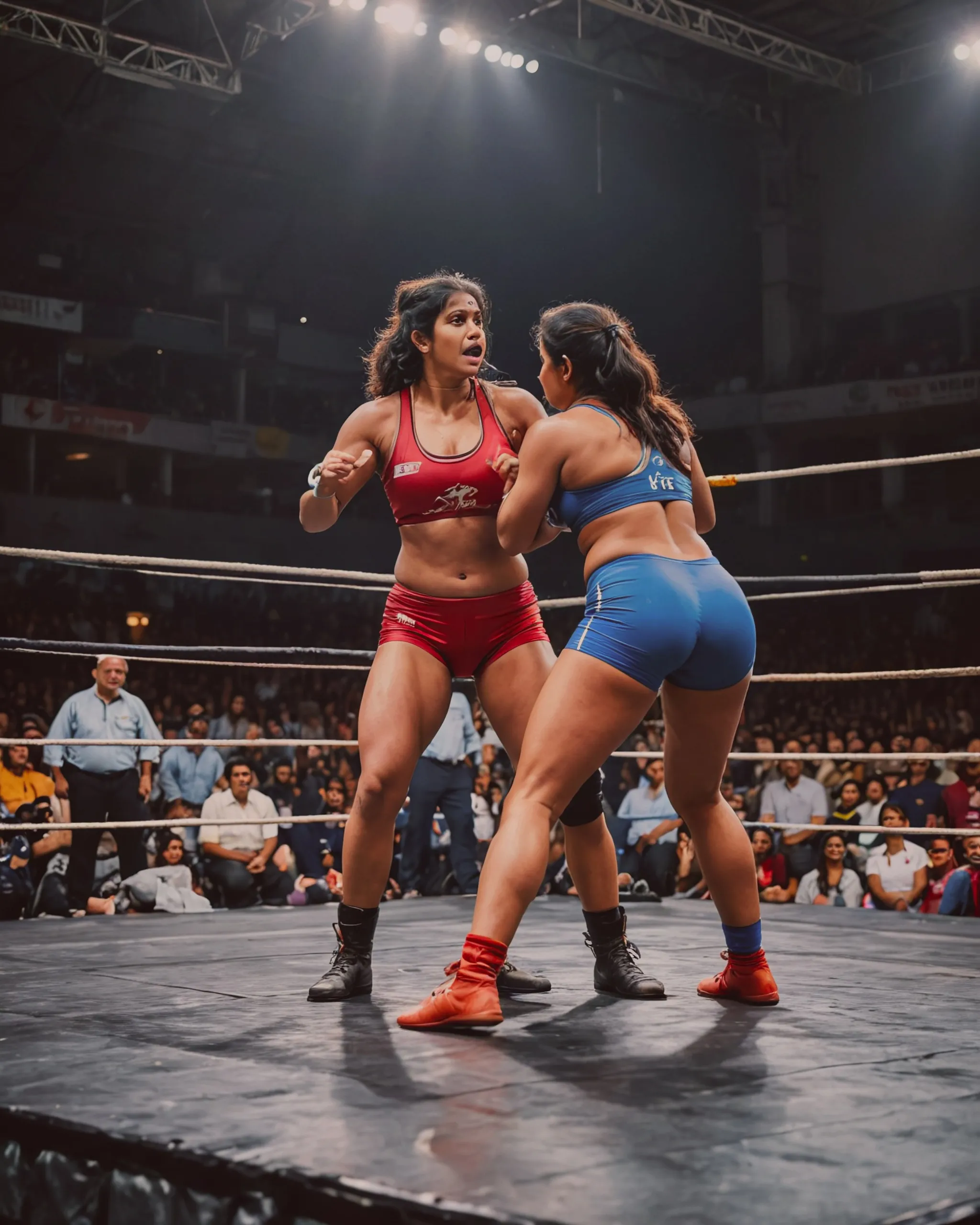 Two indian women wrestlers fighting inside a wrestling ring with a huge audience. A lady refree is standing in the corner of the wrestling ring