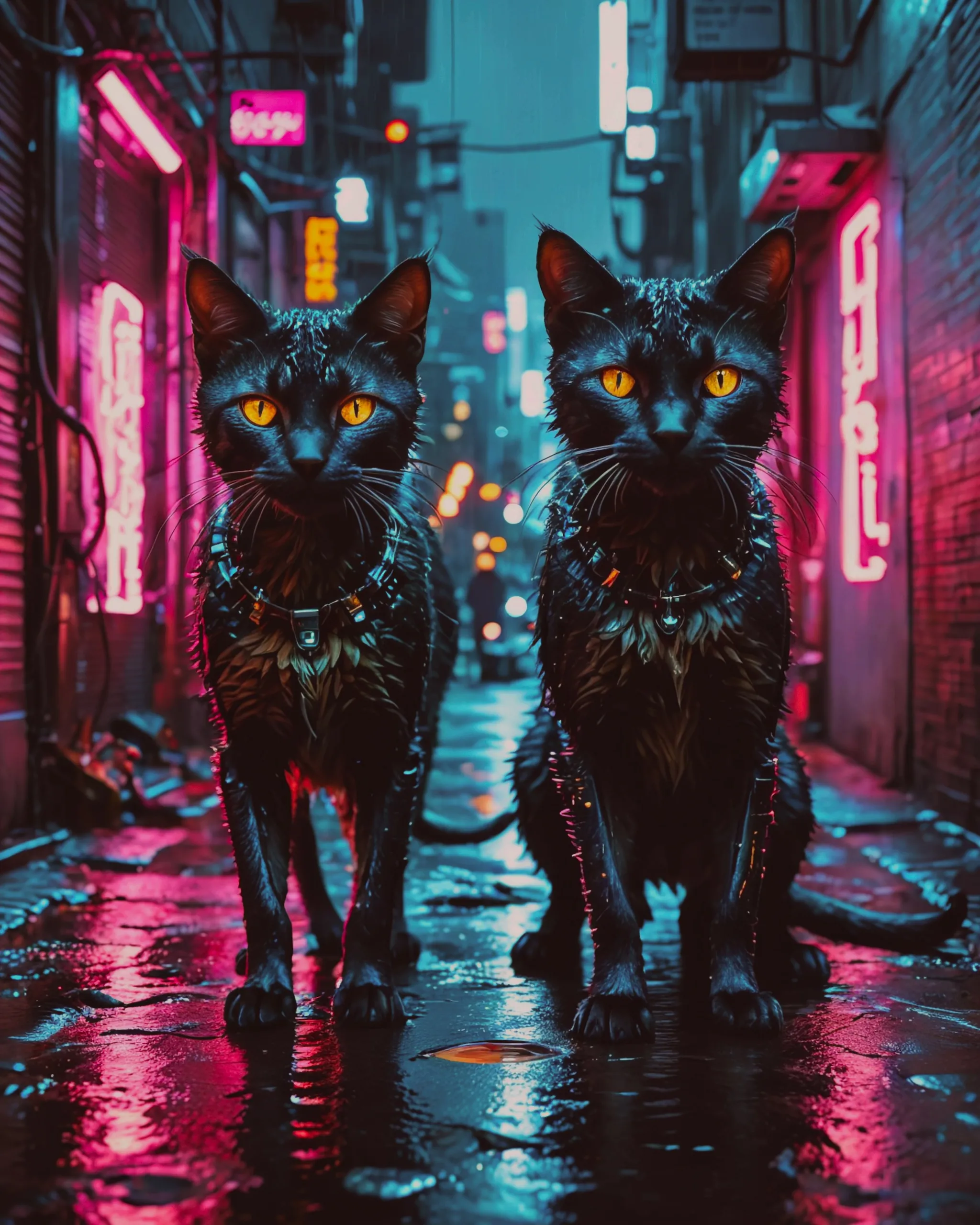 Pulp friction  two cyberpunk cats, one black, the other gray, strays fight over territory, scene with tension in the air, good lighting of the alley, masterpiece, award-winning photoa 