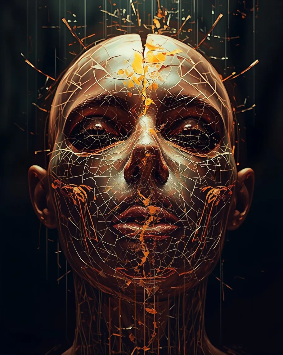 Artistic echos of a fragmented mind, in a dark room, Kintsugi, golden cracks, rebirth, echos, x-ray, shattered, intricate artwork by Tooth Wu and wlop and beeple. circle of life, octane render, trending on artstation, greg rutkowski very coherent artwork. cinematic, hyper realism, high detail, octane render, 8k