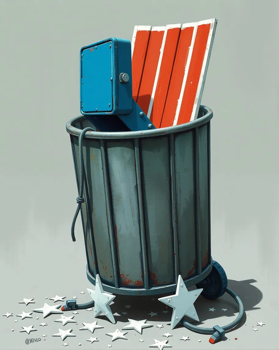 A galvanized steel garbage can with a blue rectangle sticking out of the top, long and short red, and white strips stacked inside, and white stars scattered on the ground around the bottom, loud landed against the side. Painterly render, grungy, gritty, grimey