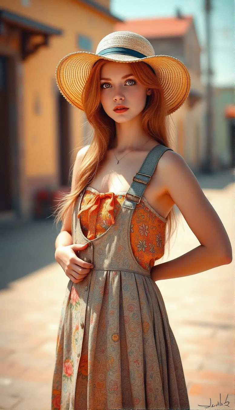 A young woman in a (summer dungarees)