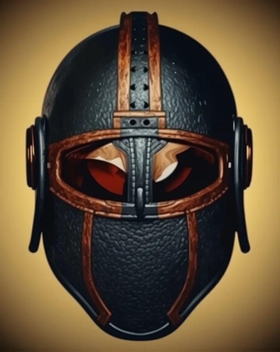 A fully-contained leather helmet in black and brown with a small tinted visor, pebble-grained with stenciled details, well-worn and weathered. 