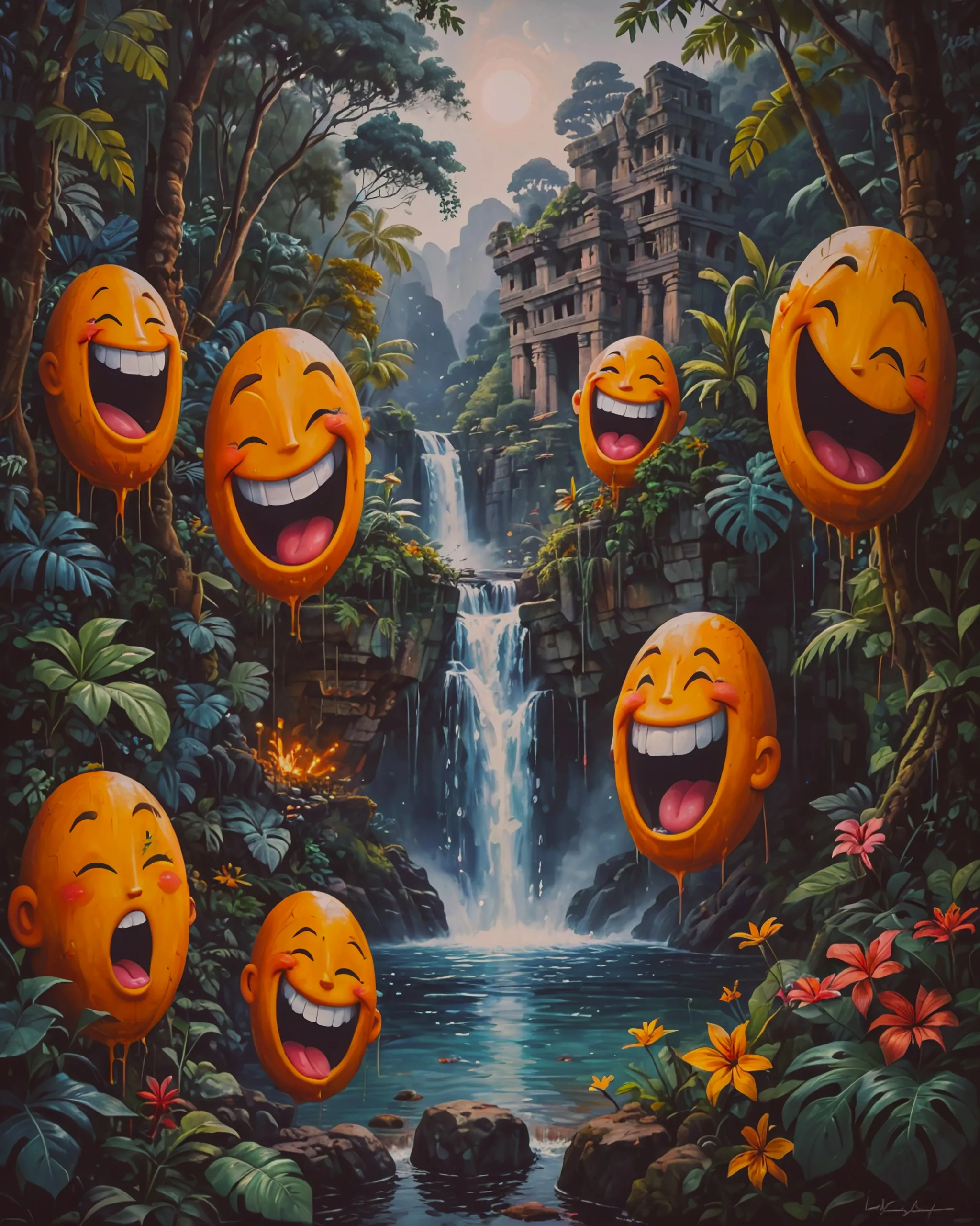 'painting of positivity with laughing faces in a dense jungle with a hidden waterfall and ancient ruins