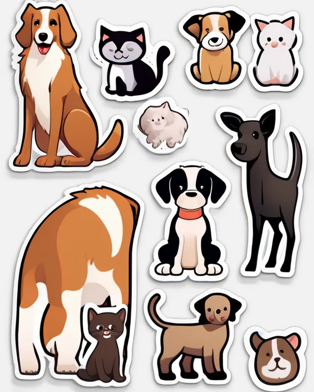 Stickers of dog with it's puppies, cat with it's kittens, cow with it's calf 