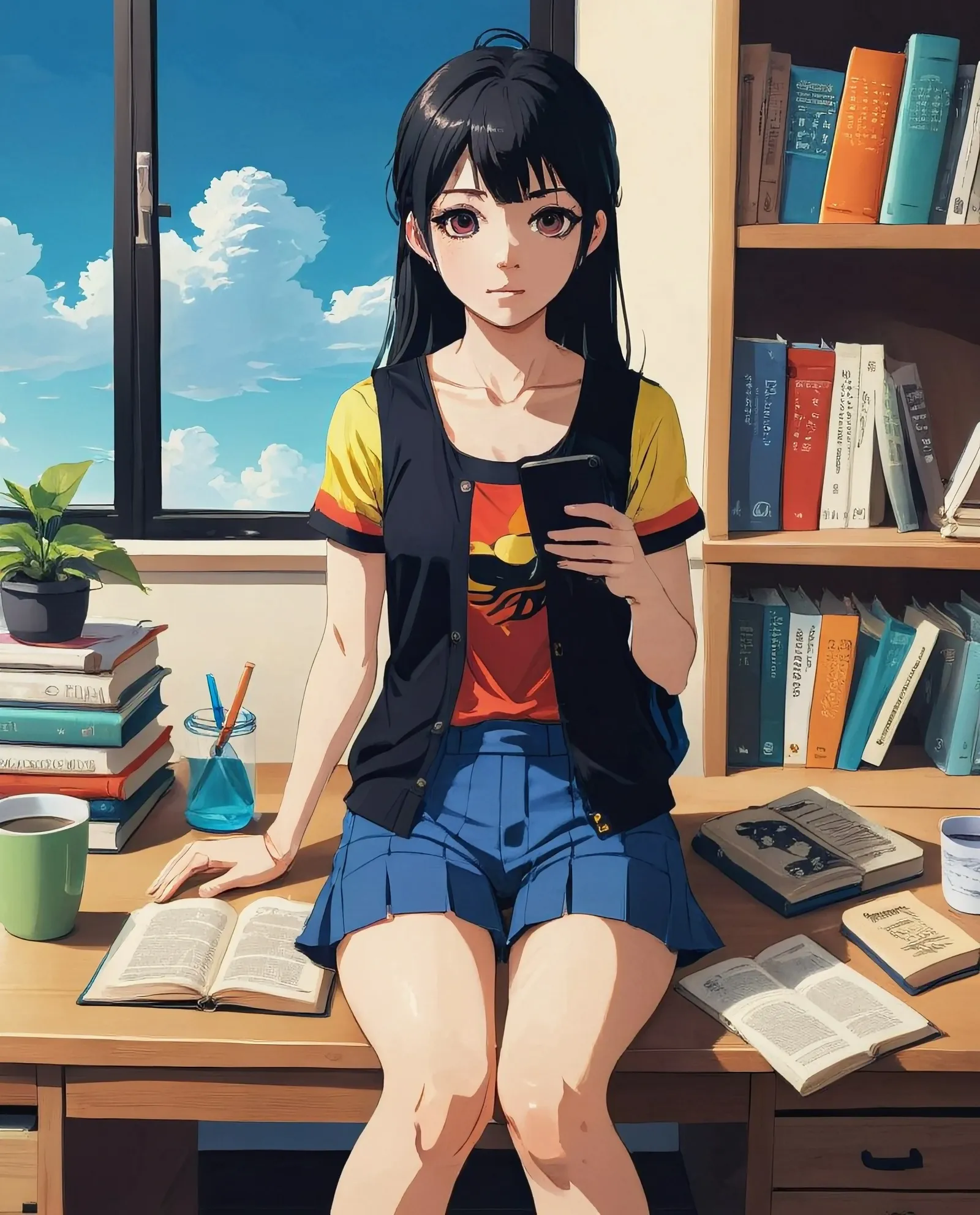 Anime style, Summer clothes, on a desk with cell  phone and books 