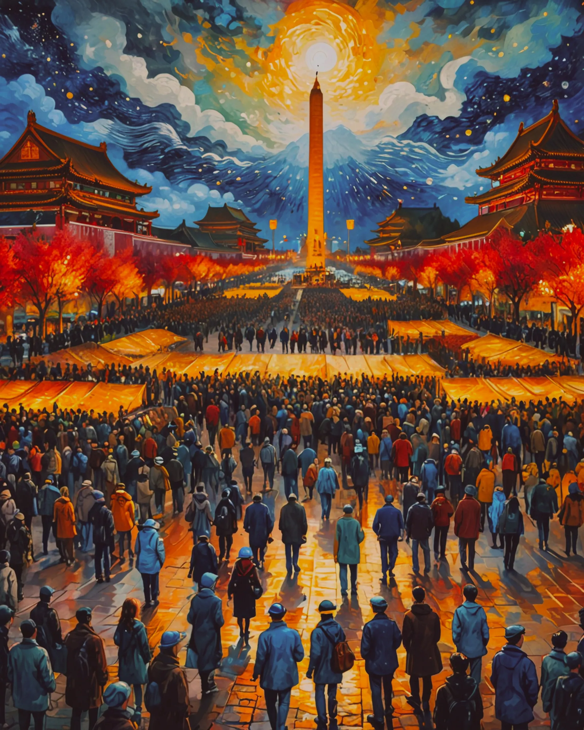 positive exercise of crowds at tiananmen square, in watercolor van gogh style, ultra detailed surroundings;
backlighting, dynamic lighting, volumetric lighting, intricate design, holographic technology, close up, photorealistic, hyperrealism, professional photography, DSLR, HDR, holographic emerging from 2D to 3D