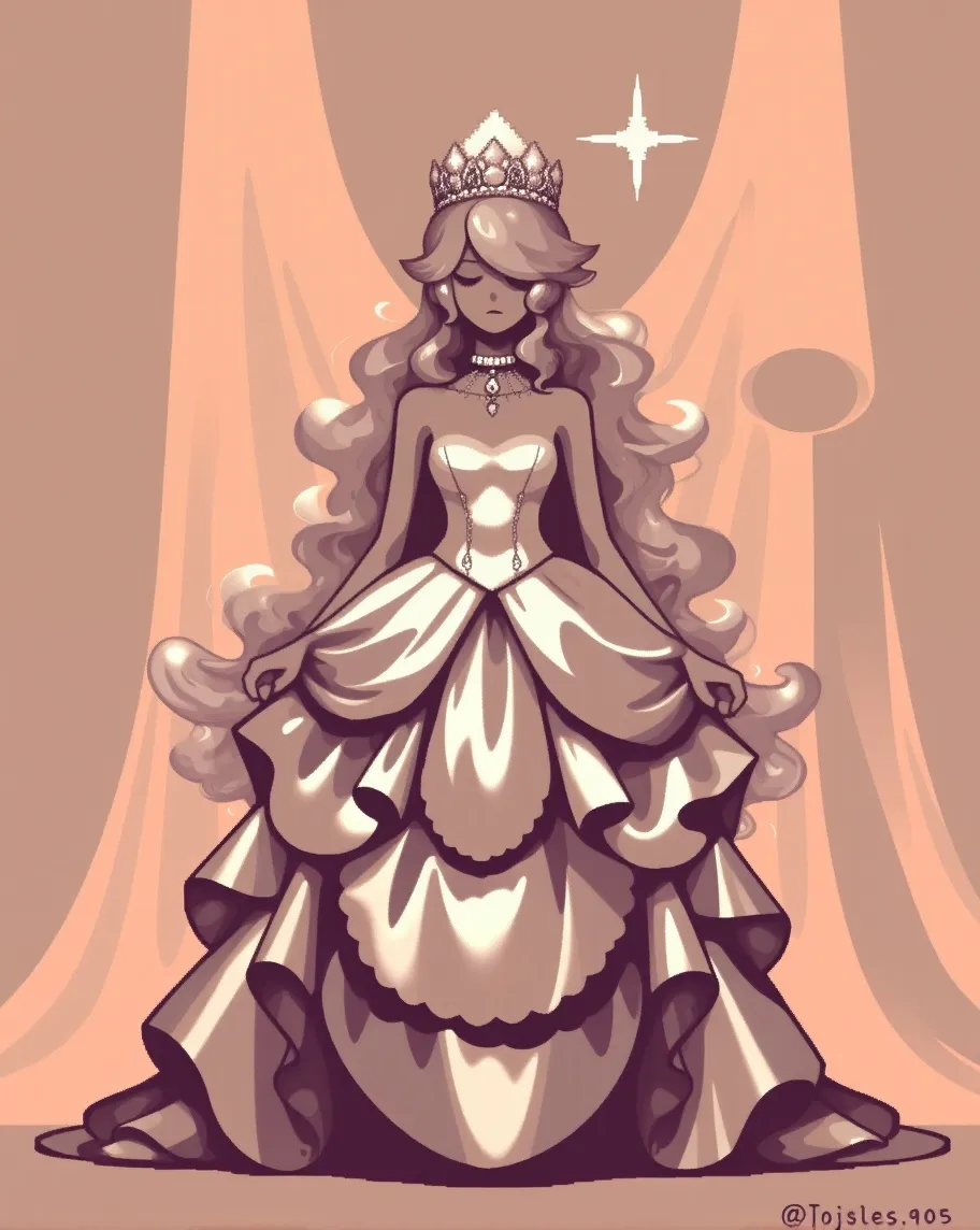 <Pixel_Anime_&+> sf coherent, upwaist Princess, scalloped gown, dove-white bodice, prolific embroidery, symbolic ratio loop for your attention, wavy hair