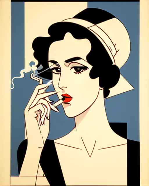 Blonde beautiful detective with a tilted hat winks at us while holding a long cigarette and blowing smoke