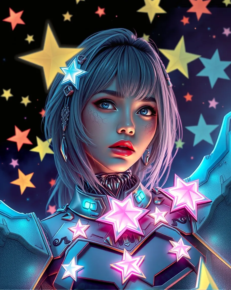 A extraordinarily gorgeous very Futuristic with hot  gray neon haired woman with Phosphorescent star armor, glorious,,hot , neon, hyper detailed hyper colorful, 3D effect, extreme extreme depth textured paint, Starry Night backgroud with many large glowing colorful stars, extravaganza,  glowing mystical adornments,  glowing elements,  Glowing symbols,  glowing magical ,  analytical, Whimsy fantasy , sureal 