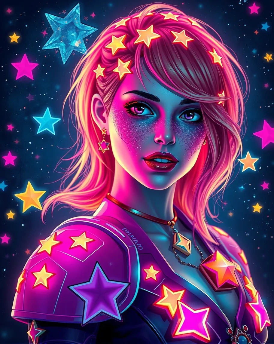 A extraordinarily gorgeous very Futuristic with hot  neon  strawberry blonde sparkly haired woman with Phosphorescent star armor, glorious,,hot , neon, hyper detailed hyper colorful, 3D effect, extreme extreme depth textured paint, Starry Night backgroud with many large glowing colorful stars, extravaganza,  glowing mystical adornments,  glowing elements,  Glowing symbols,  glowing magical ,  analytical, Whimsy fantasy , fantasy, sureal 