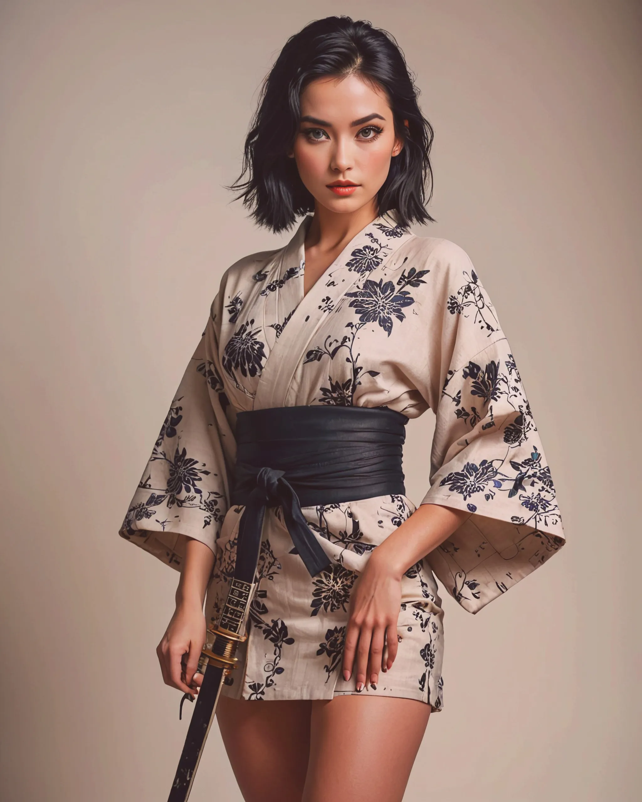 Young, beautiful, with black hair, wearing a short, patterned black kimono that opens from the sides to the top of the thighs. wearing black high heel shoes. Her eyes are lined with kohl, her makeup is bold, and she carries a single katana in her quiver. She turns her gaze to the lens, both feminine and strong. The background is made of linen fabric with various patterns in light beige. professional color grading, soft shadows, no contrast, clean sharp focus digital photography --ar 91:128 --v 6.0 --style raw
