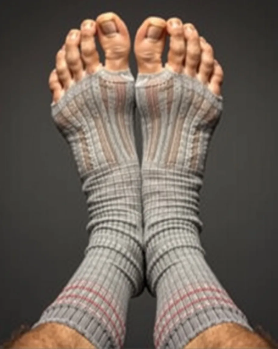 Men's long feet in full-length gray socks, the length of the feet is visible