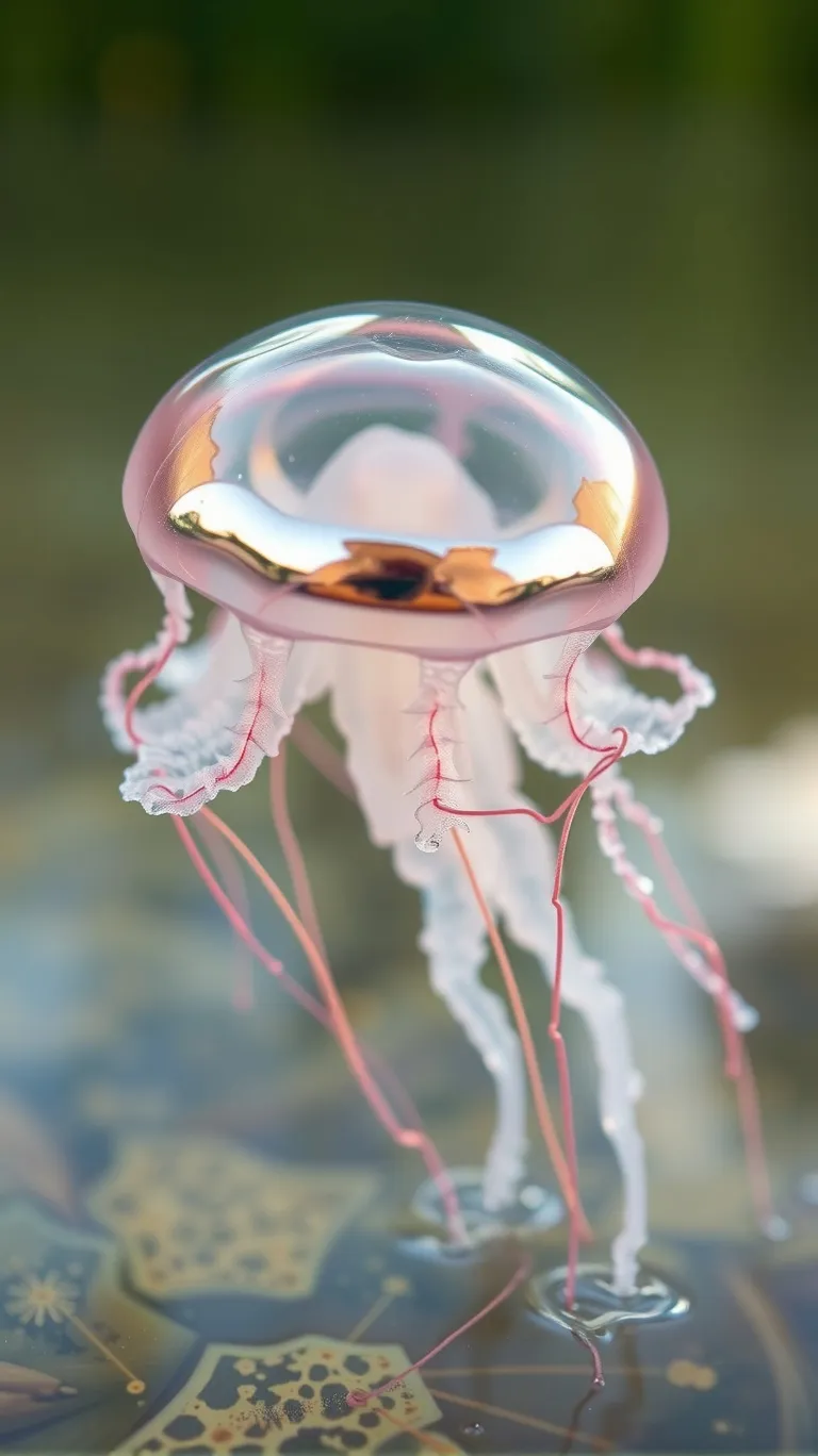 A photo of a chrome-finished jellyfish floating in a clear, shallow water body. The jellyfish has a reflective surface, reflecting the sky and the surrounding environment. The background is blurred and contains greenery. The water has a reflective surface, reflecting the sky and the surrounding environment. The photo has a soft, warm lighting.