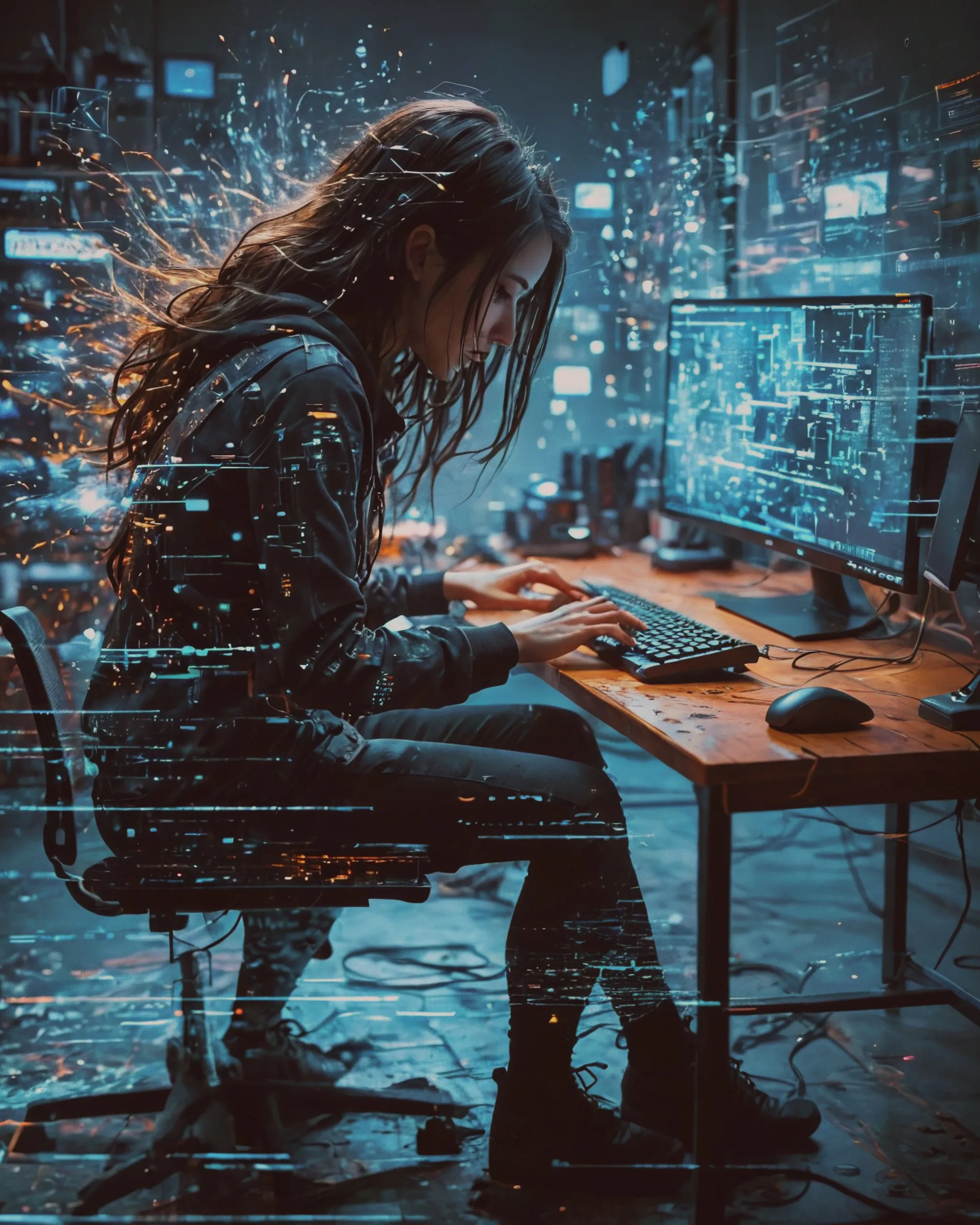 a female hacker, slowly into data - Free AI Photo Generator - starryai