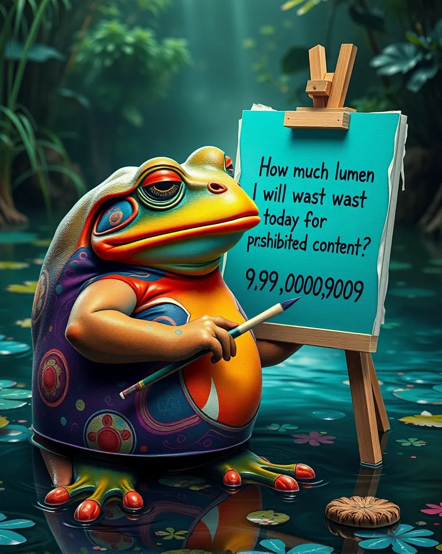 A very colorful and sad giant toad with a brush in his hand paints on a canvas on the easel with the words "How much lumen I will wast today for prohibited content? 9.999.999.999". 