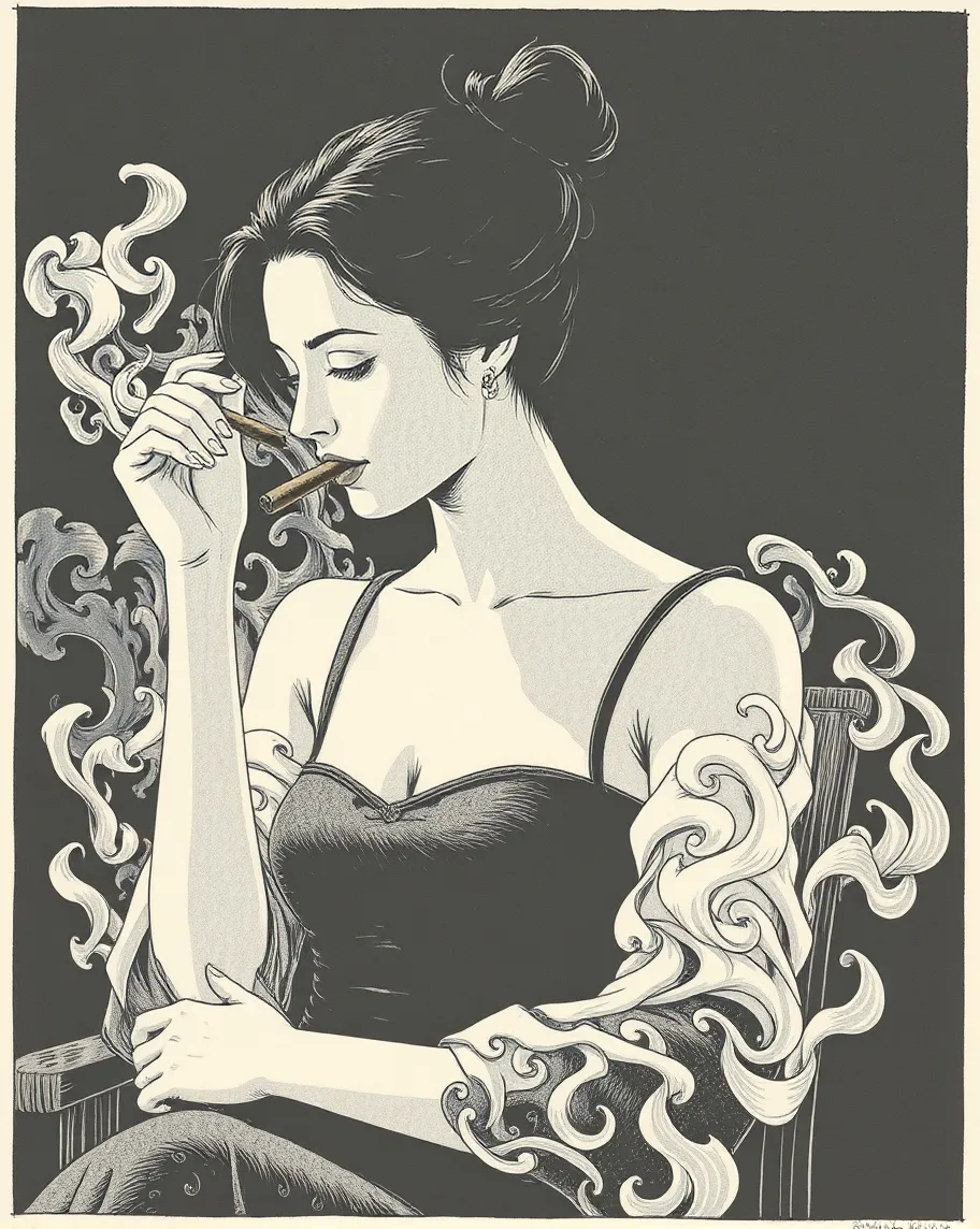 A lady with a cigar, covered with smoke