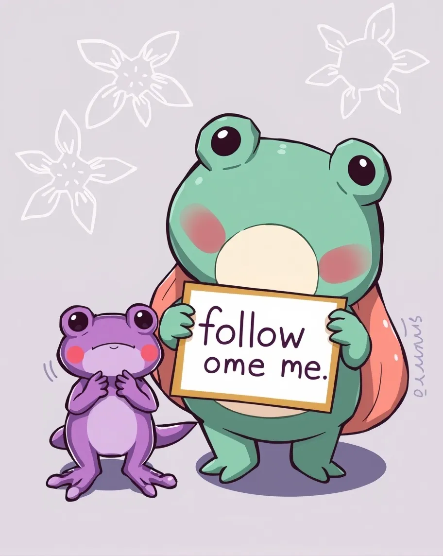 Chibi fat kimby and her sad purple frog hold up a "pls follow me"