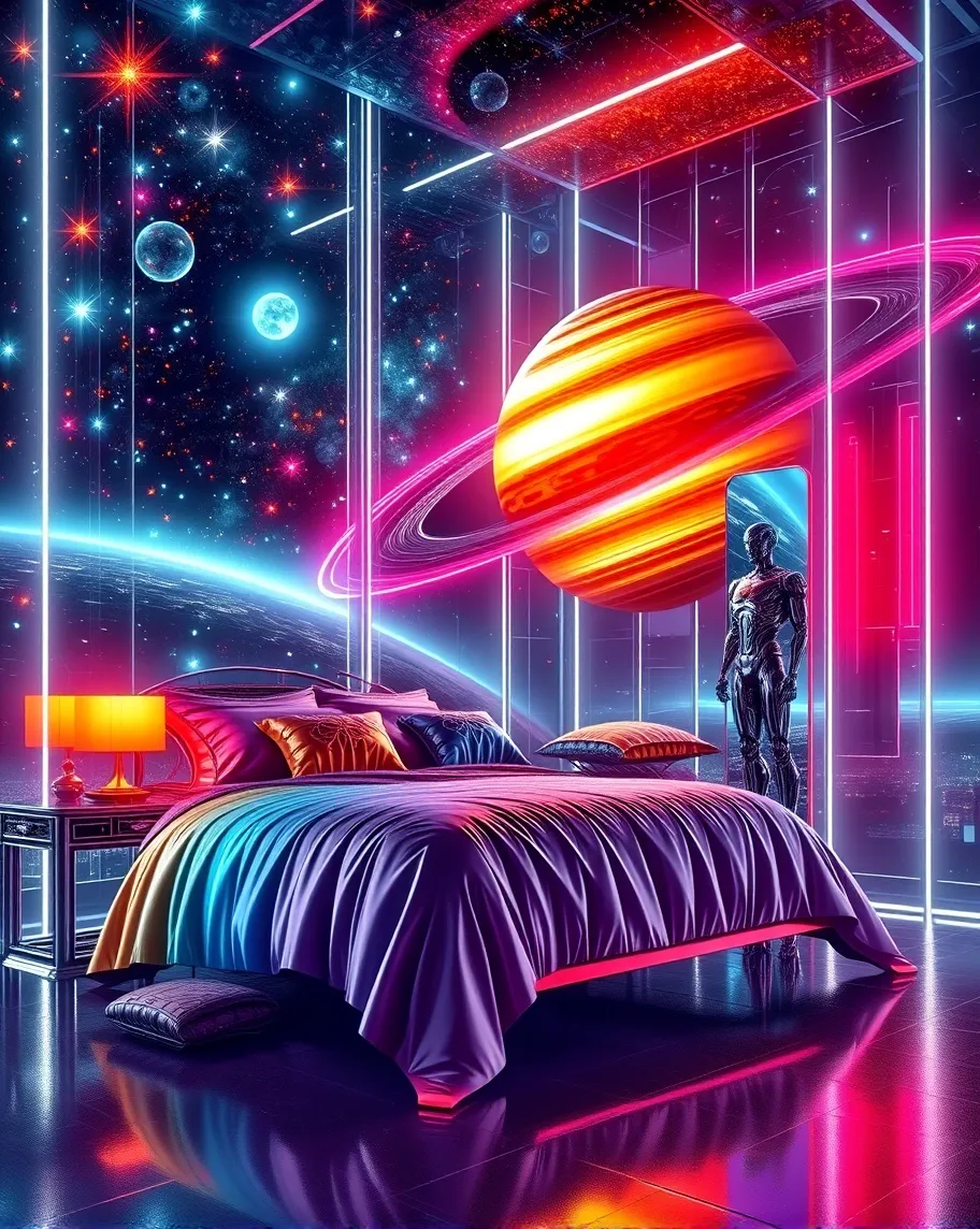 Very Futuristic looking, Starry Night lots of stars shaped like stars and colorful, A large colorful Saturn with colorful rings in space ,clear, neon, bright, cube room that Shiny chrome and is a sleep room with a bed with rainbow comforter with violet blue r pillows a orange lamp an end table in either side of the bed , floor lamp, dressing mirror tall Futuristic robot, 