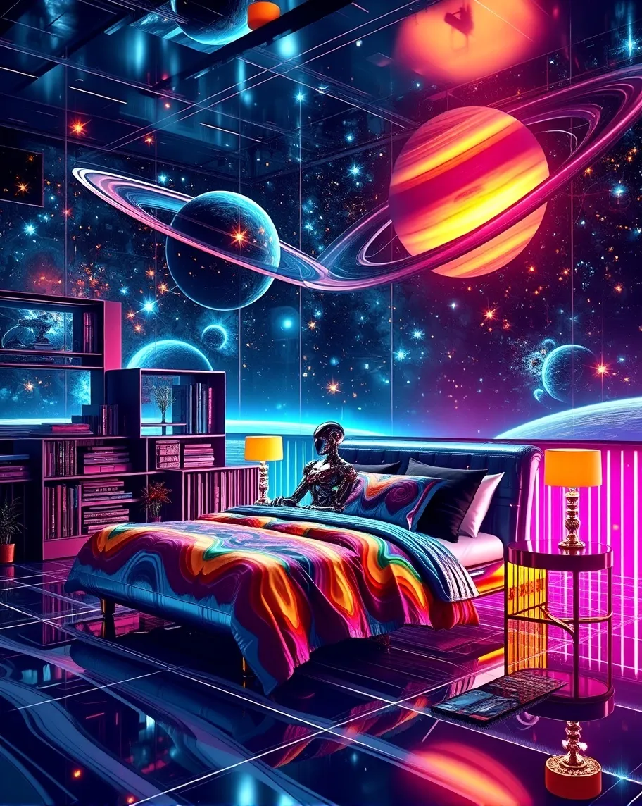 Very Futuristic looking, Starry Night lots of stars shaped like stars in space A large colorful Saturn with colorful rings in space and colorful, clear, neon, bright, cube room that Shiny chrome and is a sleep room with a sleep object with a vibrant l rainbow comforter with  black pillows a yellow lamp an end table in either side of the sleep object hyper detailed hyper colorful 3D effect extreme extreme depth textured paint . Futuristic robot sitting in room