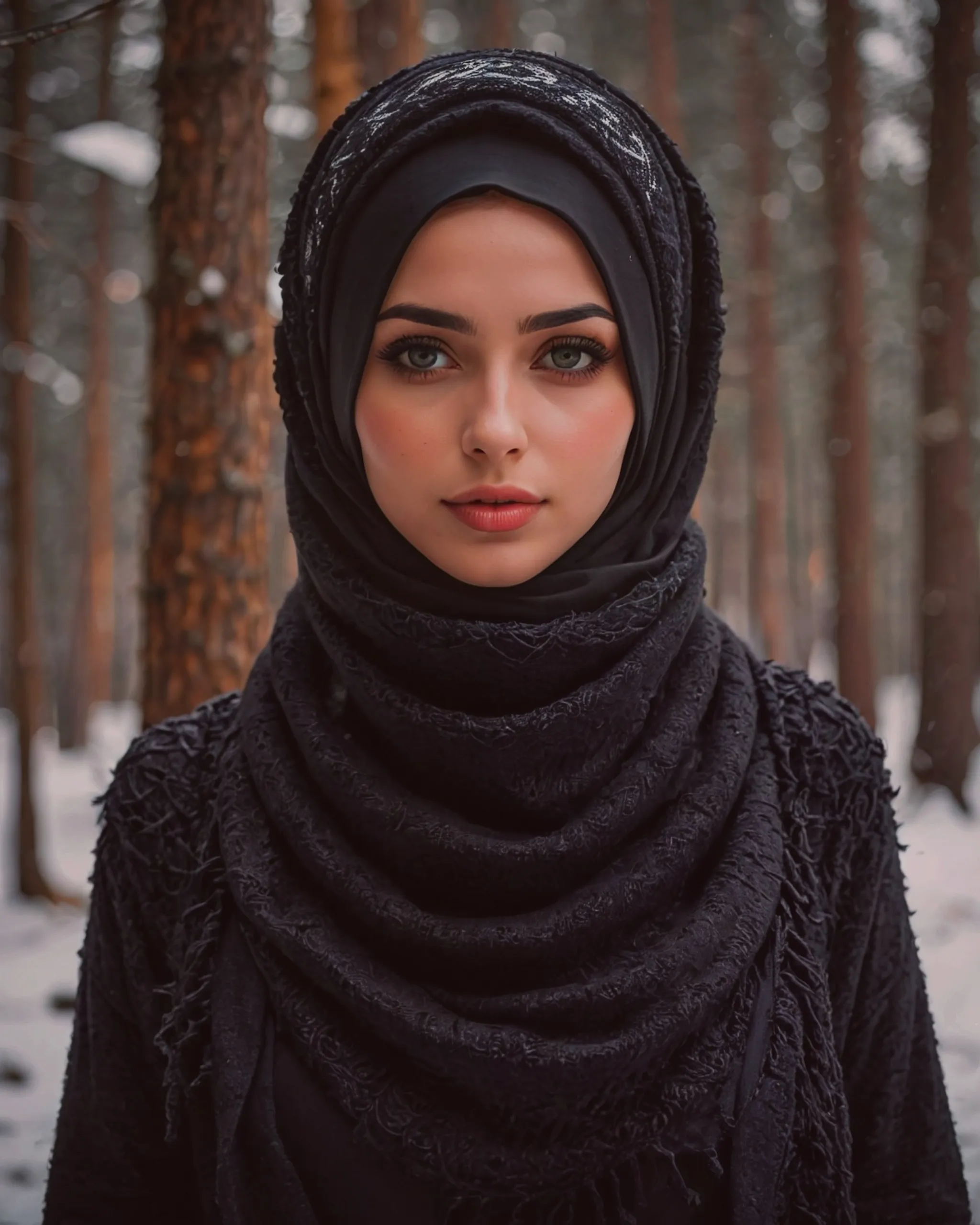 Beautiful girl wearing a black hijab over the head and covering the neck with gorgeous black keffiyeh scarf and wearing a beautiful black woolen sweater for the winter 