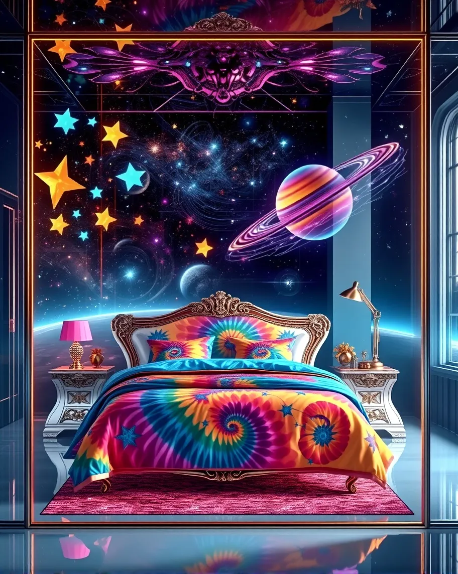  Ornate, Colorful Starry Night medium size colorful stars shaped like stars, Very Futuristic looking, Hot , neon punk A large colorful Saturn with colorful rings in space ,clear, neon noir, bright, cube room that Shiny chrome and is a bedroom with a bed with a vivid tie dye comforter with  blue pillows a pink lamp and two brass ornate bedside tables  on either side of the bed , hot green lamp floor lamp,  copper dressing mirror tall, Futuristic  Violet purple robot and its sitting in room In a tie dye chair. futuristic looking spacecraft out in space , huge purple Bluetooth speaker Whimsical