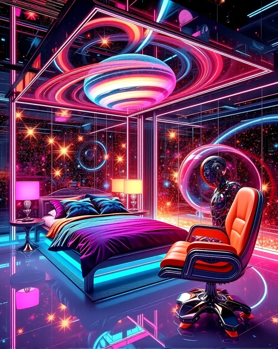 Very extravagant extravaganza opulent or Nate spontaneous random colorful ornate neon Futuristic looking, Starry Night lots of stars shaped like stars and colorful, A large colorful Saturn with colorful rings in space ,clear, neon, bright, cube room that Shiny chrome and is a sleep room with a bed with a vivid rainbow comforter with  violet purple pillows a turquoise lamp an end table in either side of the bed , floor lamp, dressing mirror tall, Futuristic robot sitting in room In a orange and purple chair