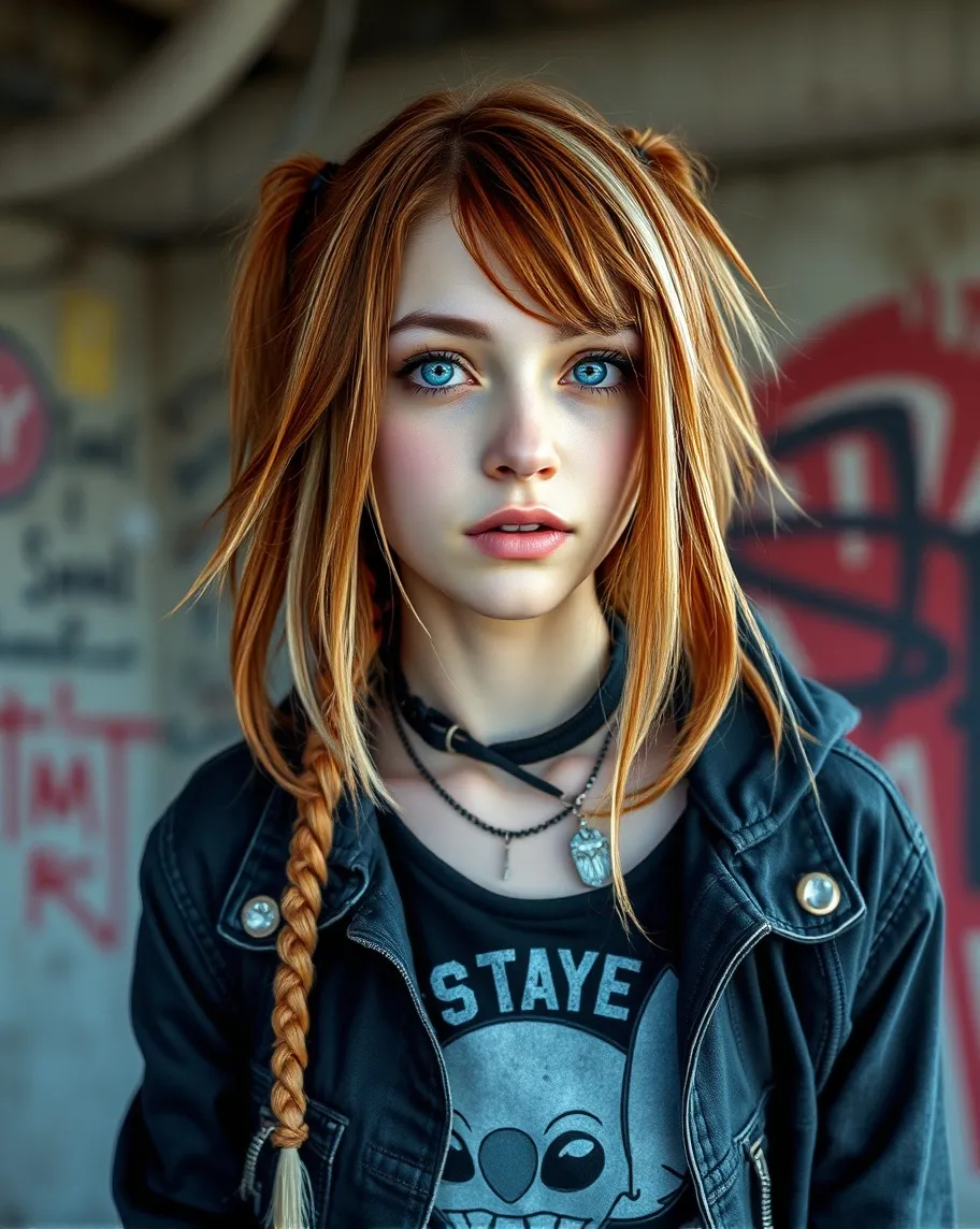 Stitch punk pretty girl with auburn and blonde hair is adorned in grunge clothing. Teenage angst