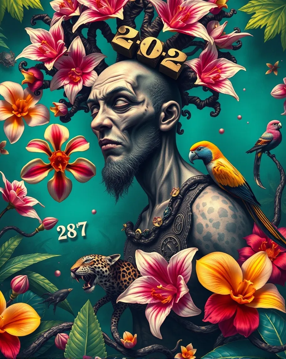 Grotesquely whimsical haeckel Surreal marine jungle, narrative, full shot full-length portrait of a handsome 28 year old man mathematica rose frolicking with a few of his cousins out of the quadrivium fourfold way of knowledge in the arts arithmetic, geometry, music, and astronomy in the style of banksy and h r Giger with a guo pei vibe. Bright saturated neon colors and noir colors, orchids, tropical birds, Jaguars, panthers