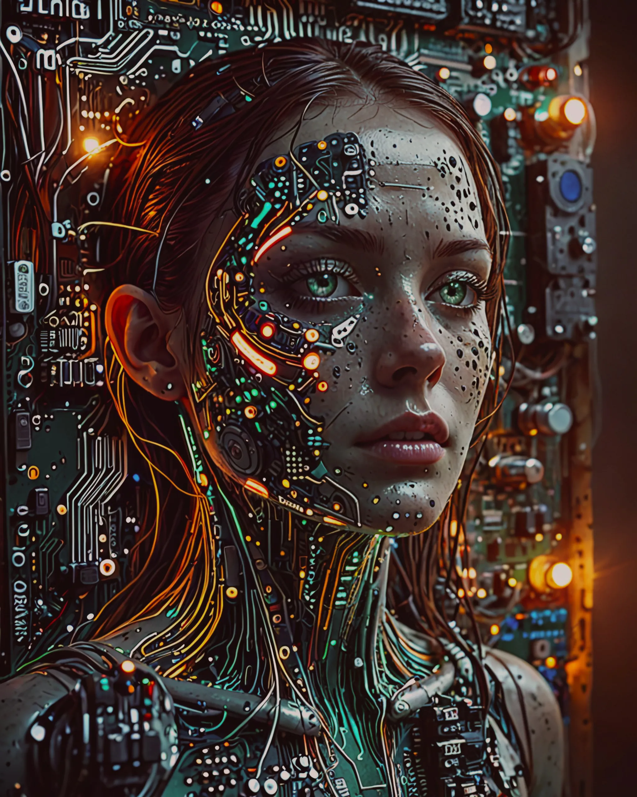 A representation of singularity.  Scene setting,,zoomed in,,A PC tower sits on the floor in a dim lit room with its cover removed. A green glow emits from the circuit board along with a hairless face impression in the form of a human with the eyes closed. Entire face only pushing outward. No skintone, no skin,no hair, no mouth yet. Singularity has begun.