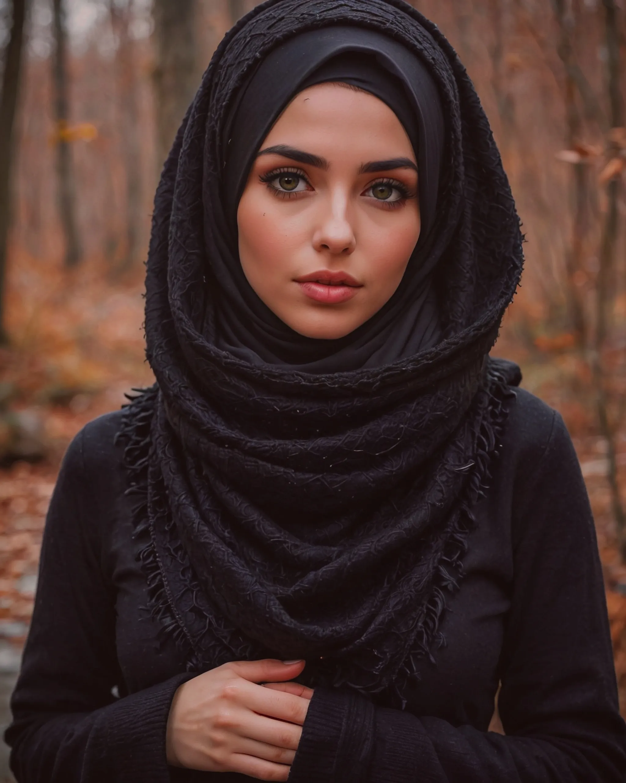 Beautiful girl wearing a black hijab over the head and covering the neck with gorgeous black keffiyeh scarf and wearing a beautiful black woolen sweater