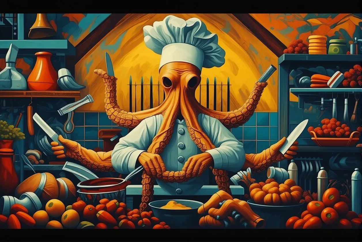 An octopus in a bustling kitchen dressed in a traditional chef's whites and toque, every arm busy cooking with knives, pots, pans, etc. Lots of movement, painterly style, whimsical. 