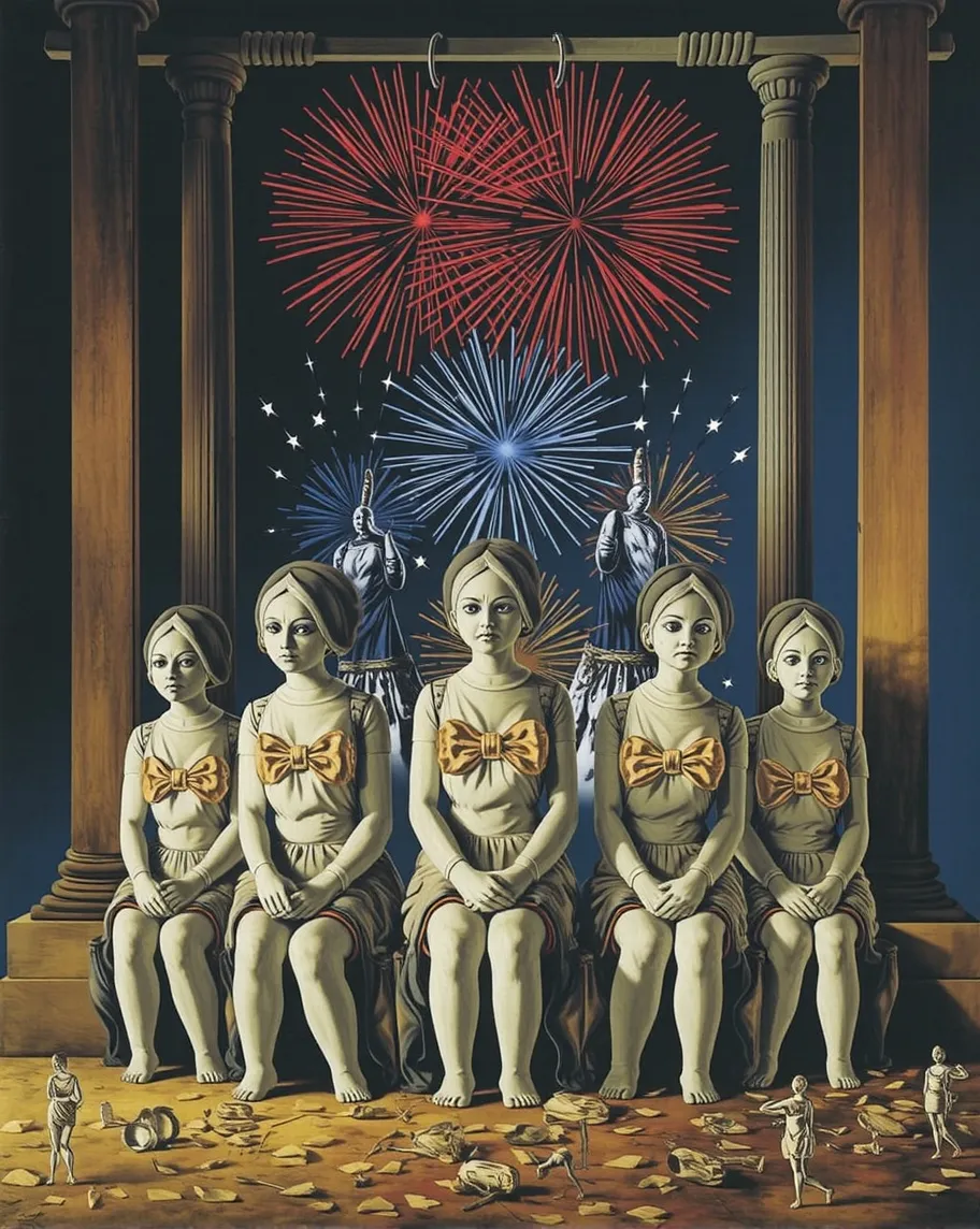 The handmaids sit in formation in front of the gallows with red, white, and blue stars and stripes fireworks, painted in the style of surrealism oil painting 