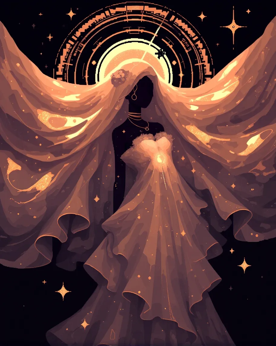 Pixel_Anime, Dark skinned goddess with gold and sparkles. Ethereal 