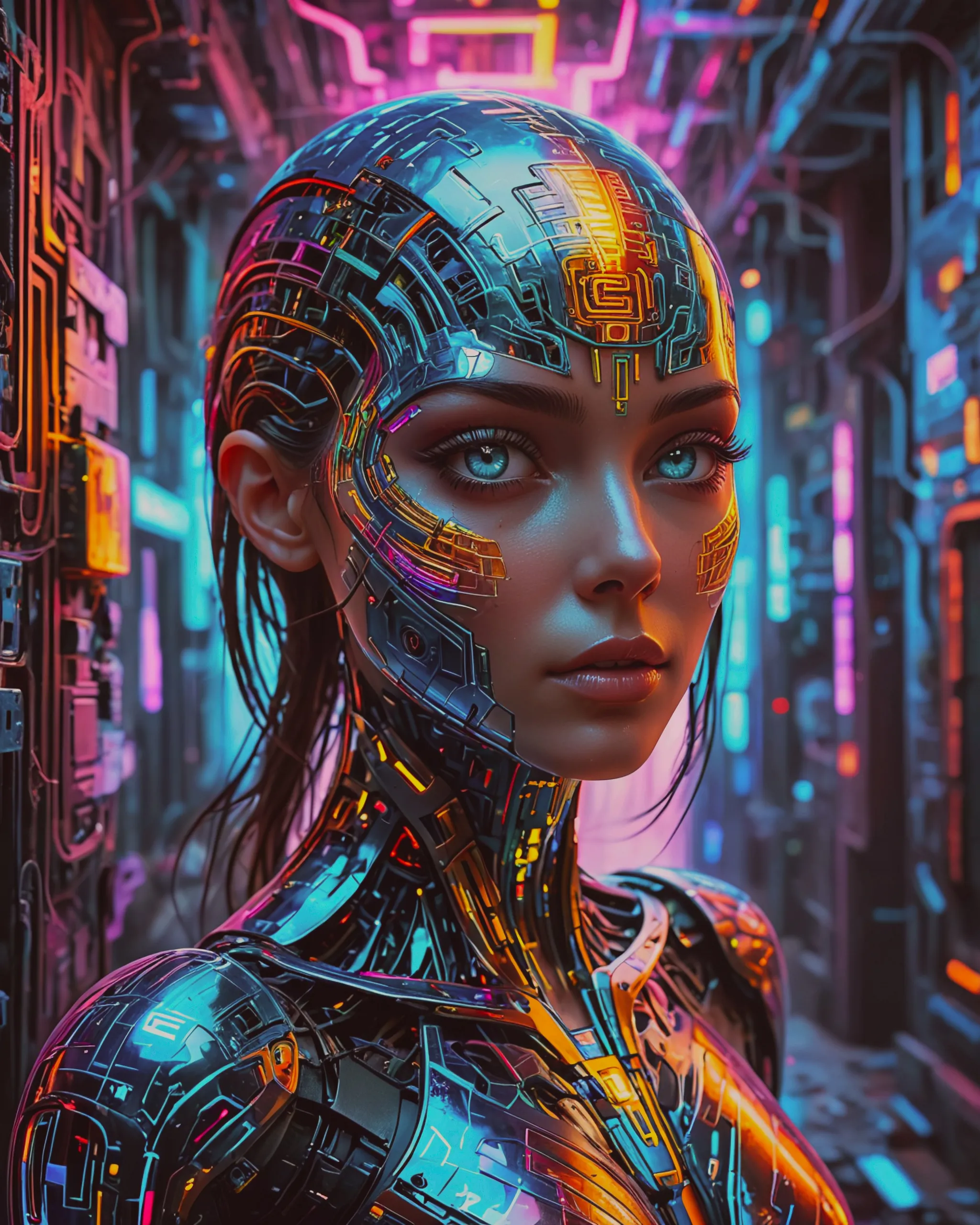 A hologram is projected from the eye of a beautiful female Android, an intricate painting is projecting a human head that is a map and labyrinth at the same time very detailed with many colors, the quality holographic finish is noticeable and the scene takes place in the distant future