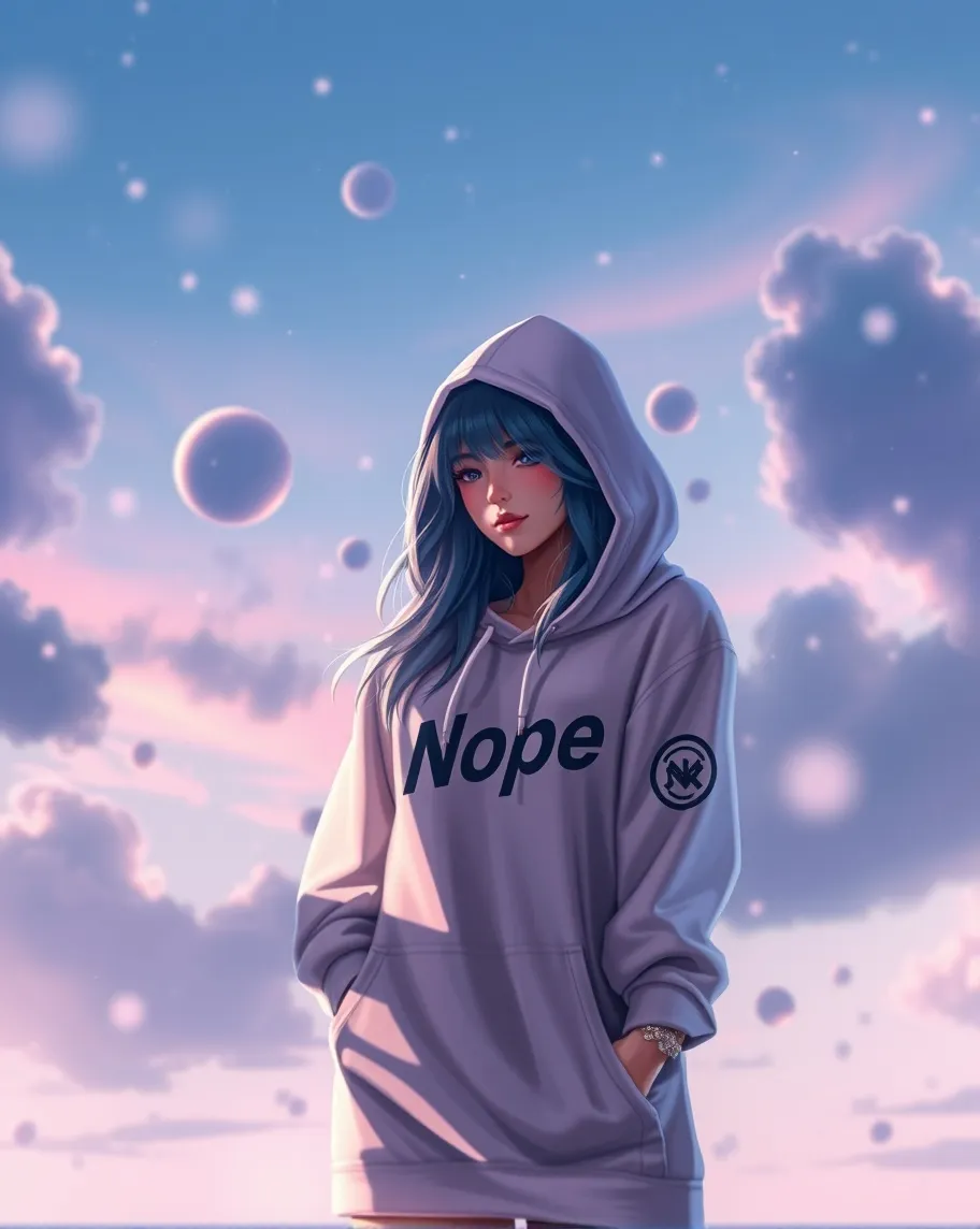 Surrealism time escaping a stunning blue hair/blue eyed woman who is wearing a Nope hoodie. "Look at all the nopes I give you!"