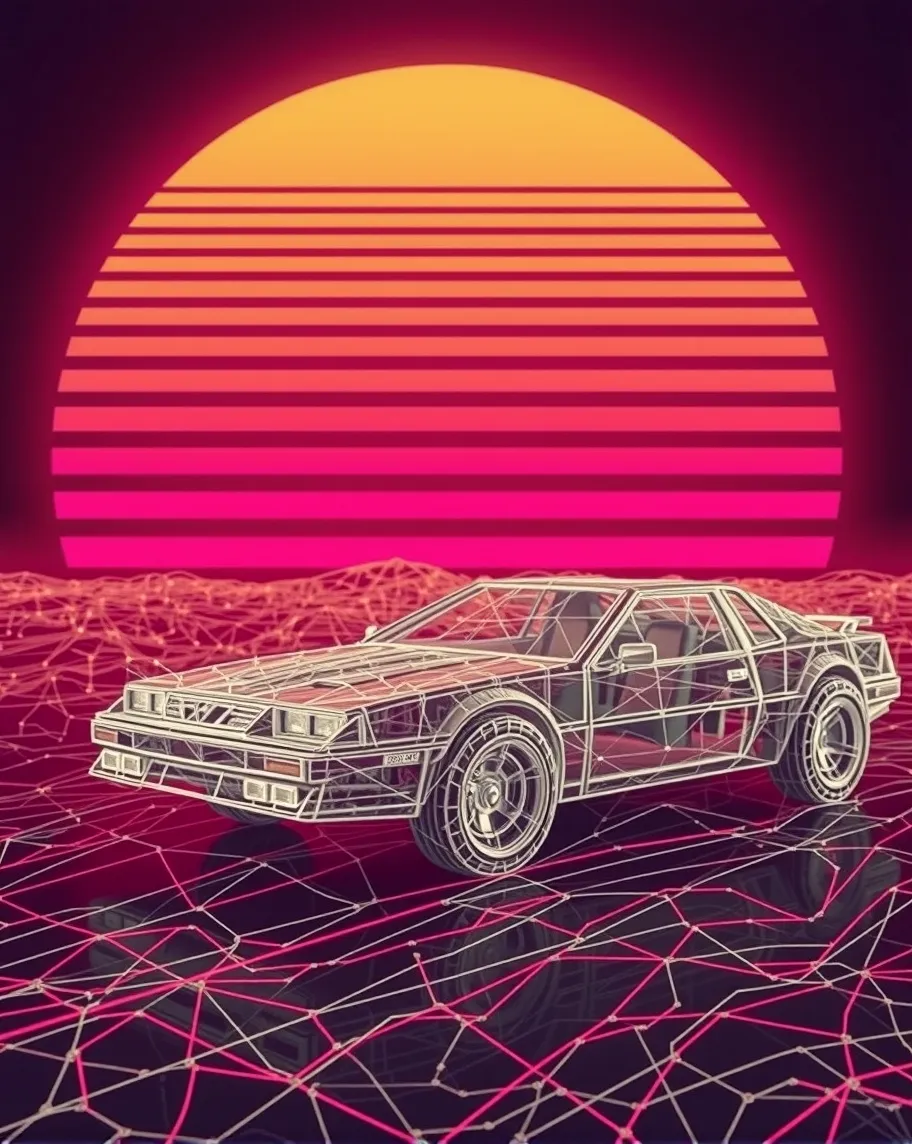 A car made out of wire frame, drives,along a wire frame road. Synthwave sun in the background