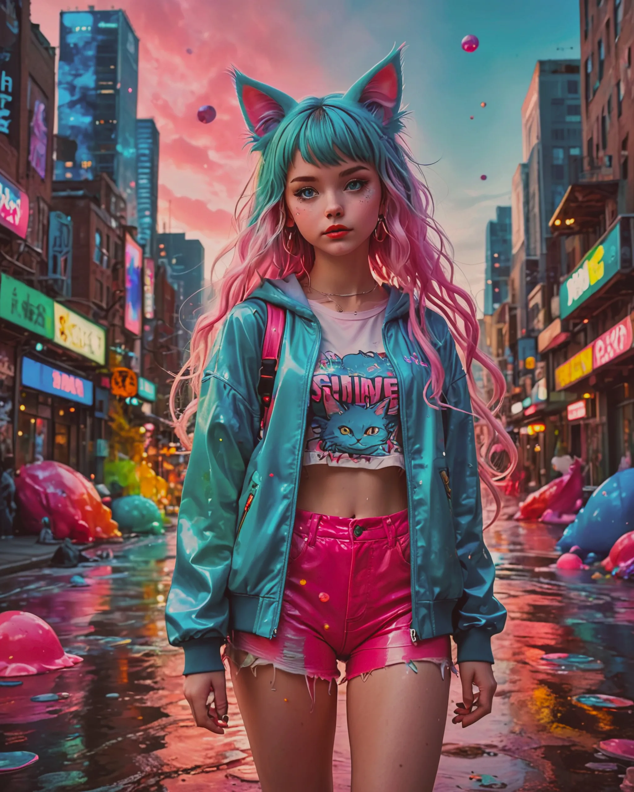 jelly girl, bangs, cat ears, pink - Free AI Photo Generator - starryai