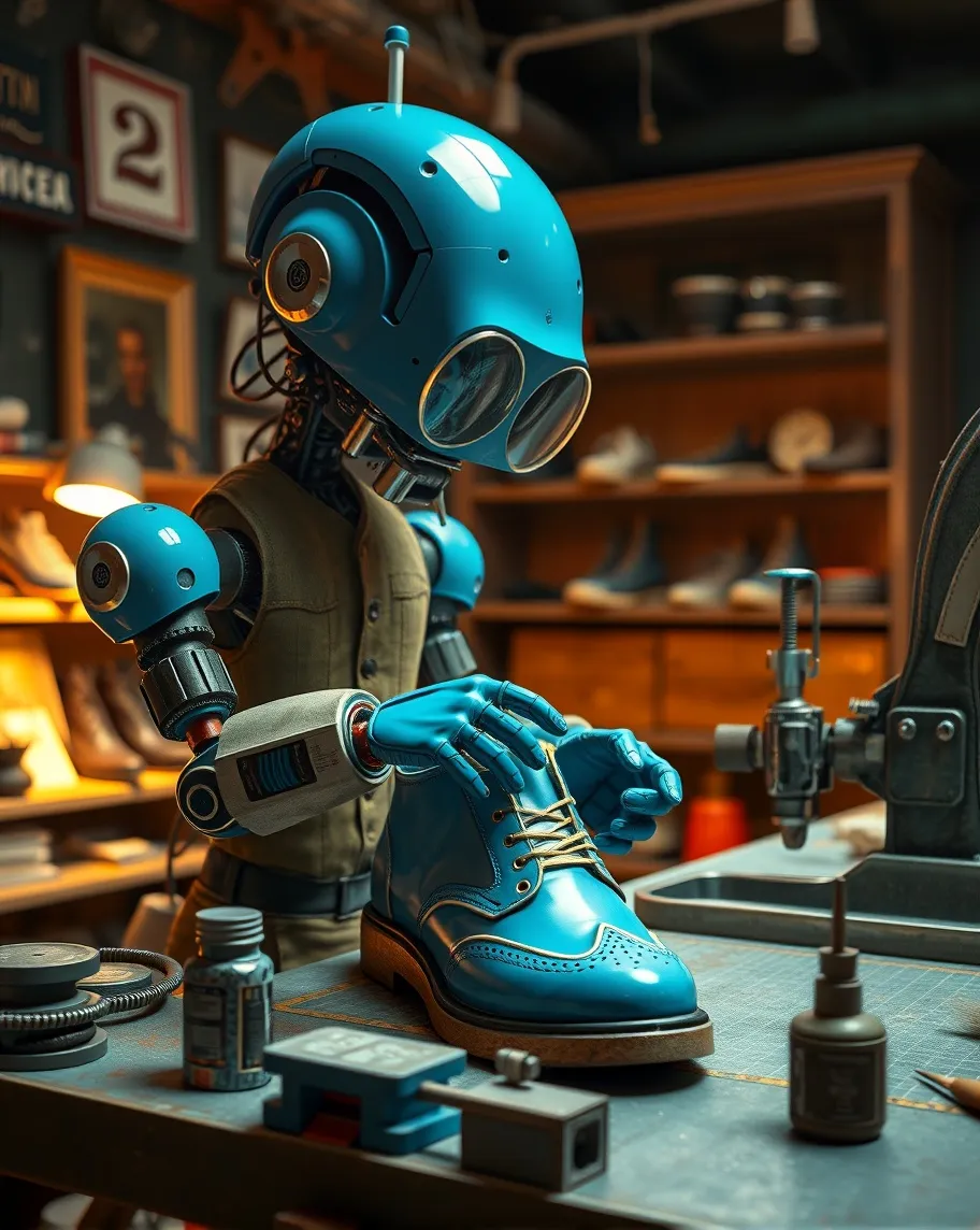 Blue Android robot shoemaker, shoes of all kind, vintage, retro futuristic, contemporary, futuristic, shoemaking tools,table, glue, clamp, vice, xxxl needle, Cinematic, Hyper-detailed, insane details, Beautifully color graded, Unreal Engine, DOF, Super-Resolution,Megapixel, Anti-Aliasing, FKAA, TXAA, RTX,SSAO,Post Processing, Post Production, Tone Mapping, CGI, VFX, SFX, Insanely detailed and intricate , Hyper maximalist, Hyper realistic, Volumetric,ultra photoreal, ultra- detailed, intricate details, Super detailed , Full color, Volumetric lightning, HDR, Realistic,16K, Sharp