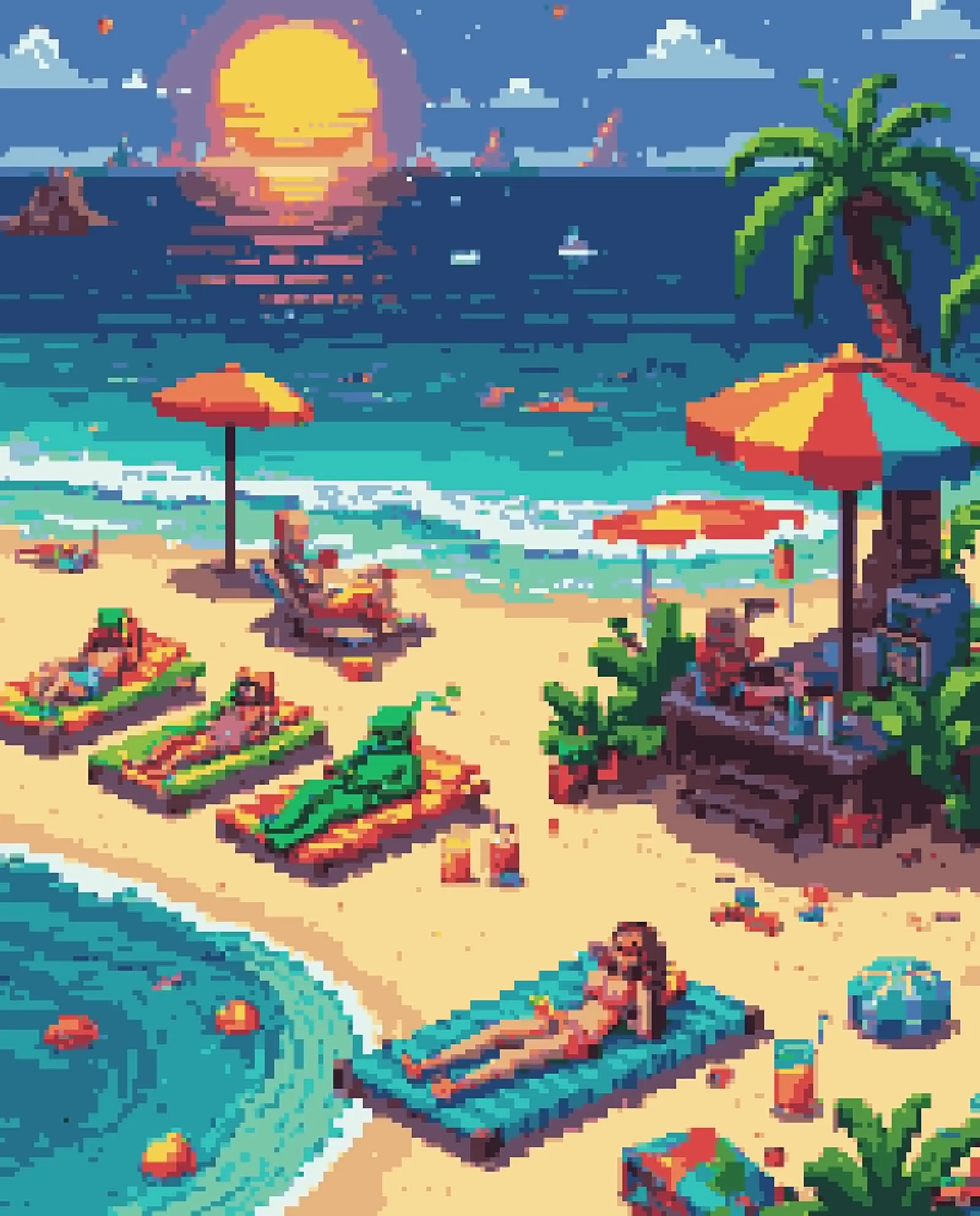 A vibrant beach scene unfolds under a bright sun, where a group of colorful aliens lounge on beach towels, enjoying the warmth and sipping bizarre drinks. Nearby, humans stroll by, bewildered and amused, glancing at the aliens' unique features and playful antics, all captured in vivid detail.