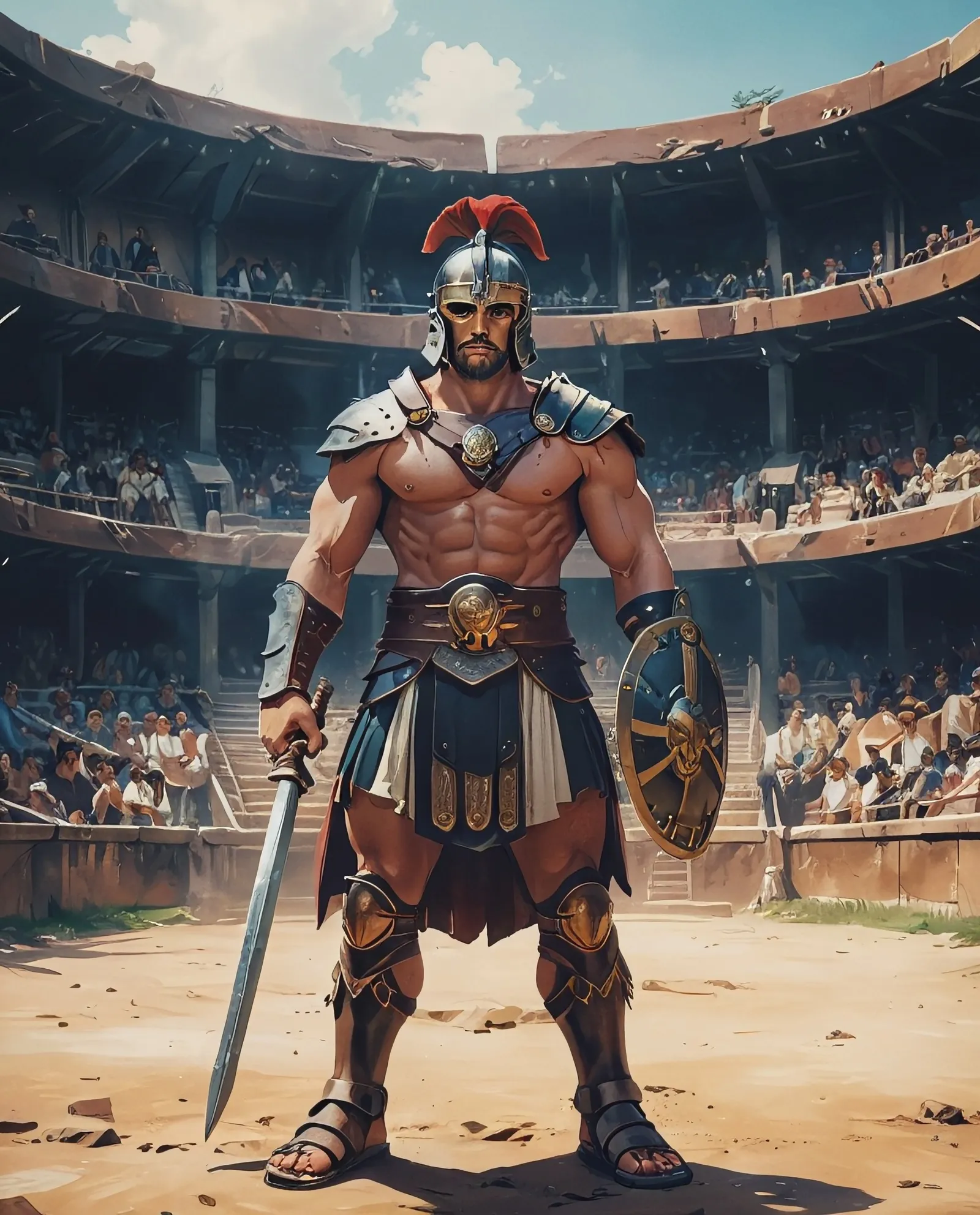 Can you create a arena with a gladiator standing in the middle