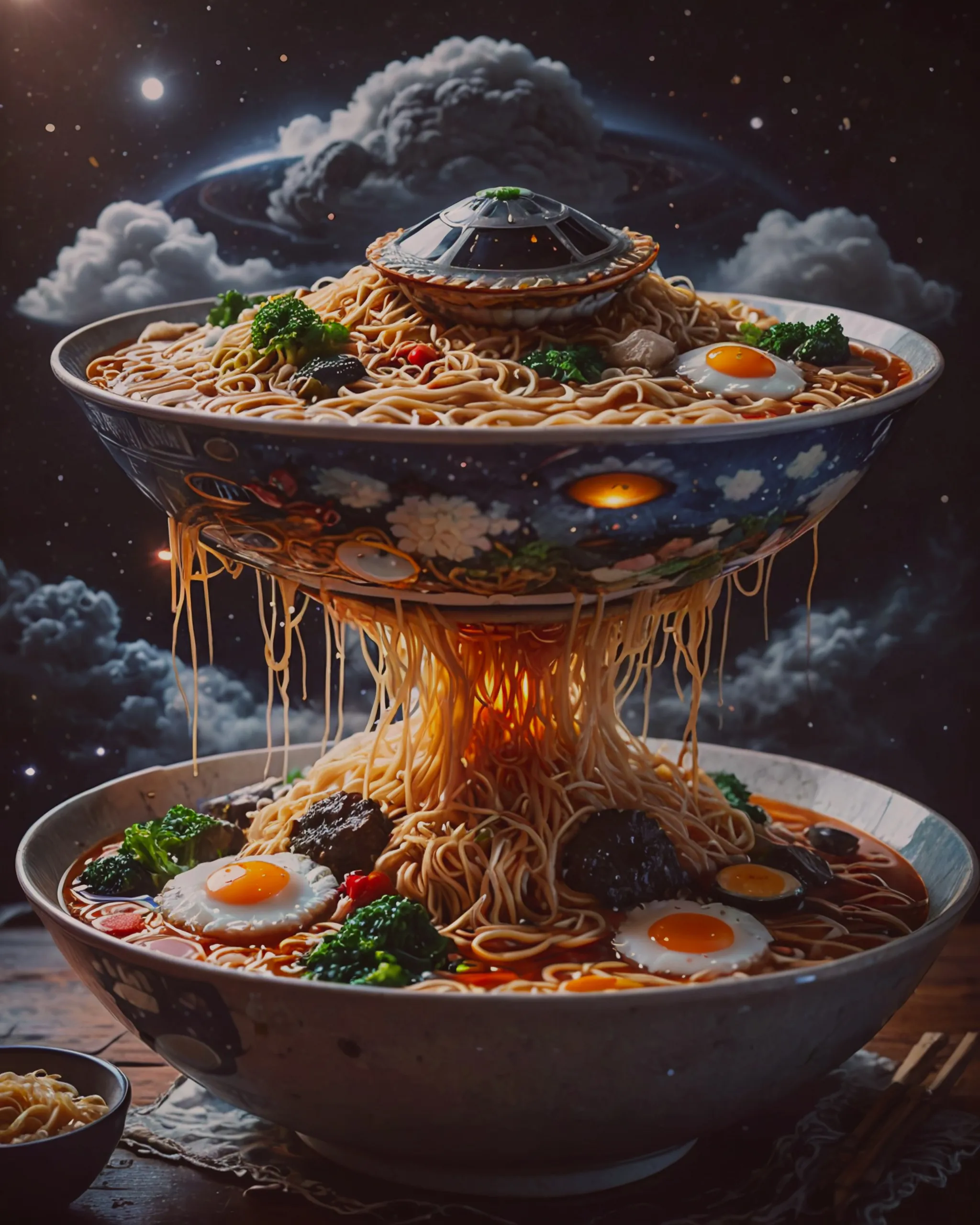 UFO in the sky as a bowl of ramen.