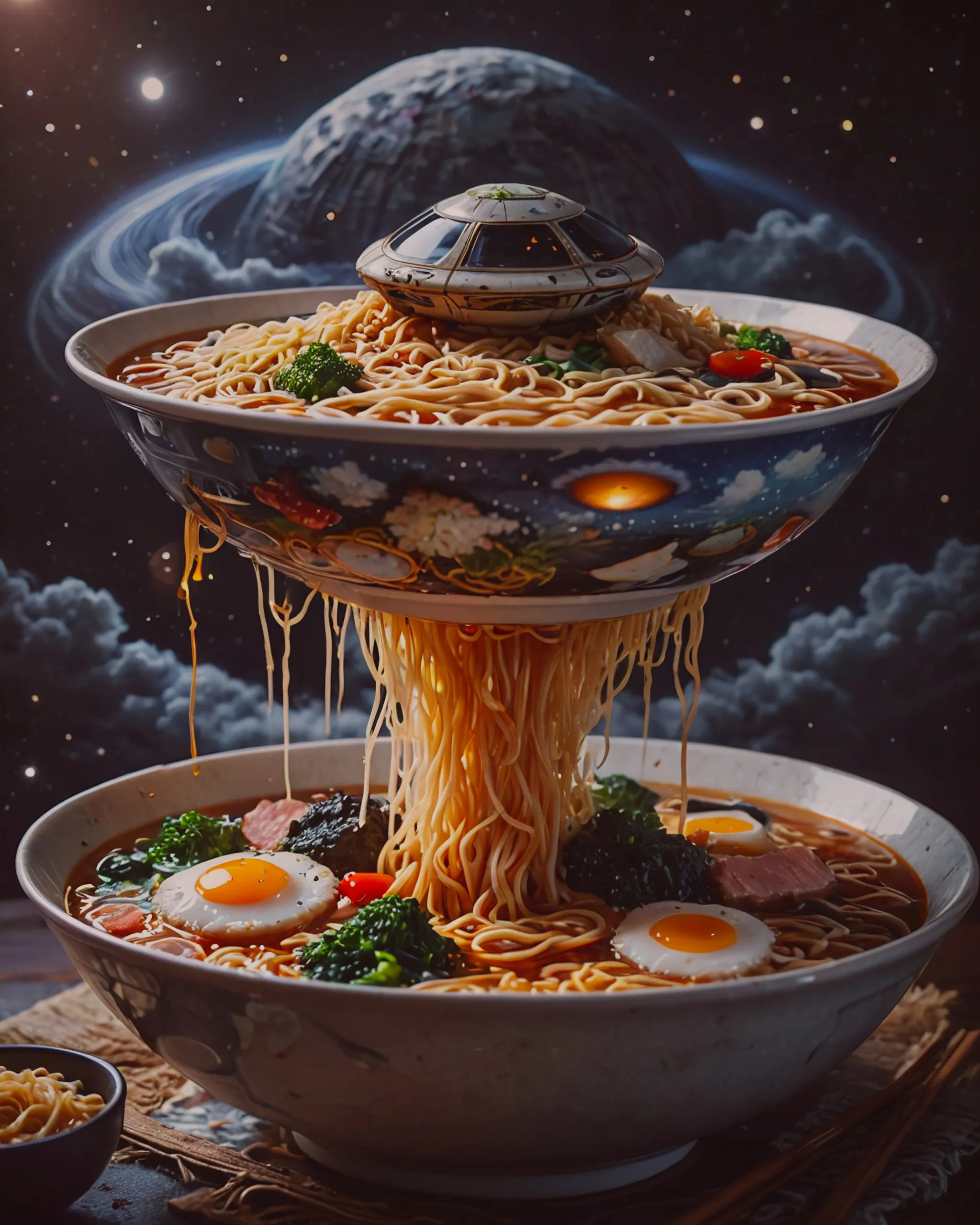 UFO in the sky as a bowl of ramen.