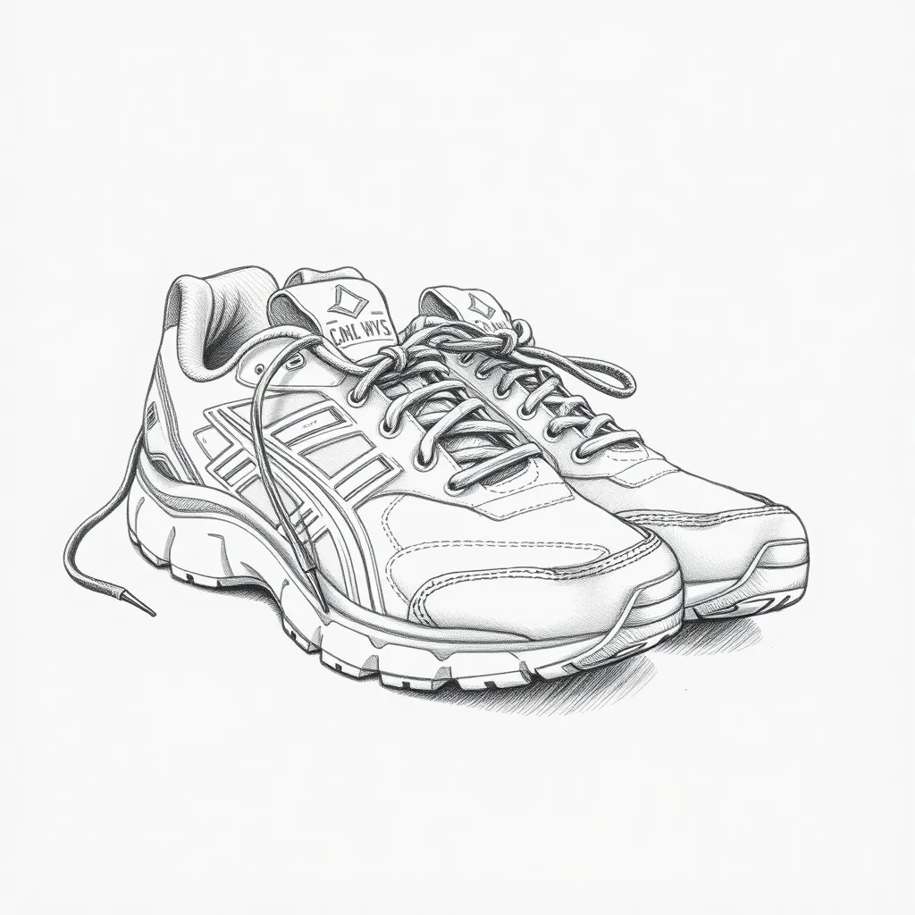 A detailed pencil drawing of a pair of well-worn running shoes