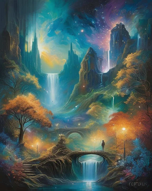 A surreal dreamscape merging vivid imagination with abstract art. A painter with a magical brush creates reality as they paint—each stroke transforms into breathtaking, swirling landscapes blending cityscapes, cosmic skies, and lush forests. The brush glows, releasing energy like flowing light, while the painter’s figure is ethereal and mysterious. The scene is vibrant, filled with details of galaxies, waterfalls, and golden hues, giving an otherworldly yet harmonious vibe. The style is a blend of realism and abstract fantasy, with intricate textures and bold contrasts.